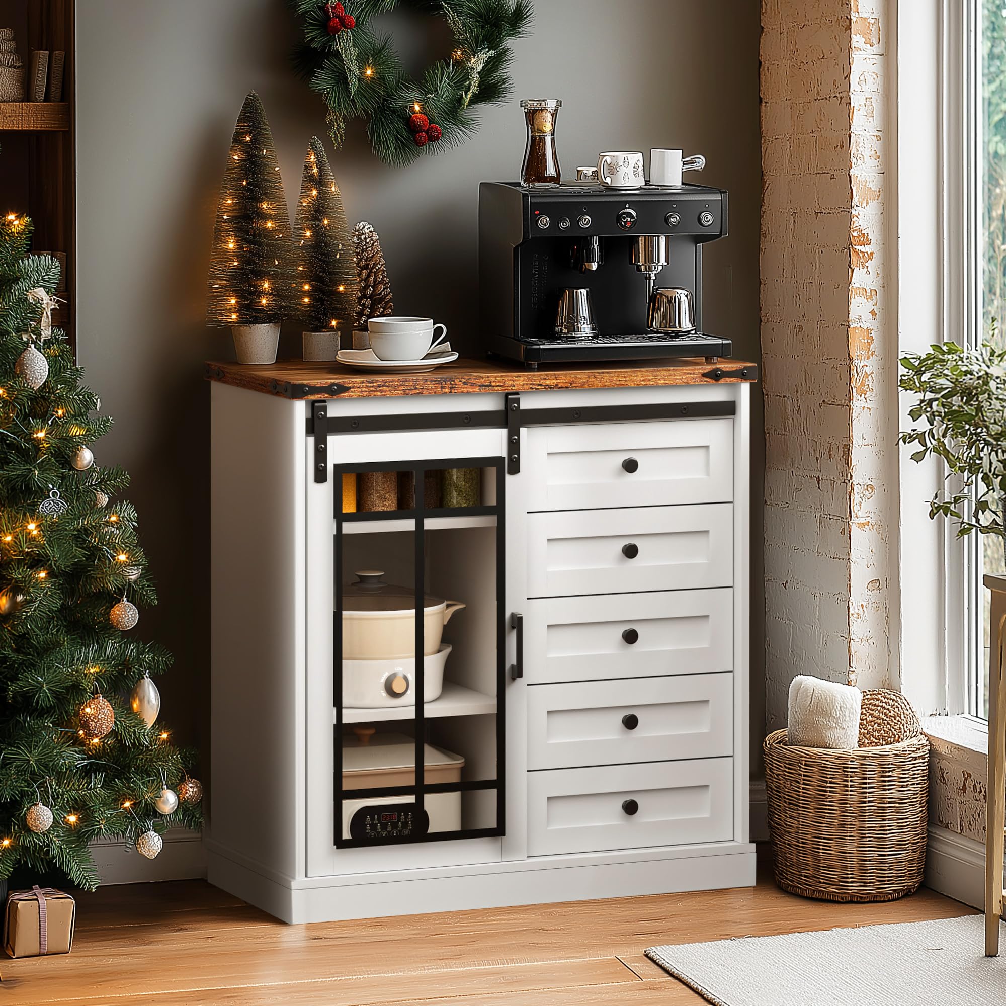 SogesHomeSideboard Cabinet with LED Lights, Coffee Bar with 5 Drawers and Sliding Glass Door, Buffet Cabinet with Adjustable Shelf in Kitchen, Dinning Room and Living Room, White and Brown