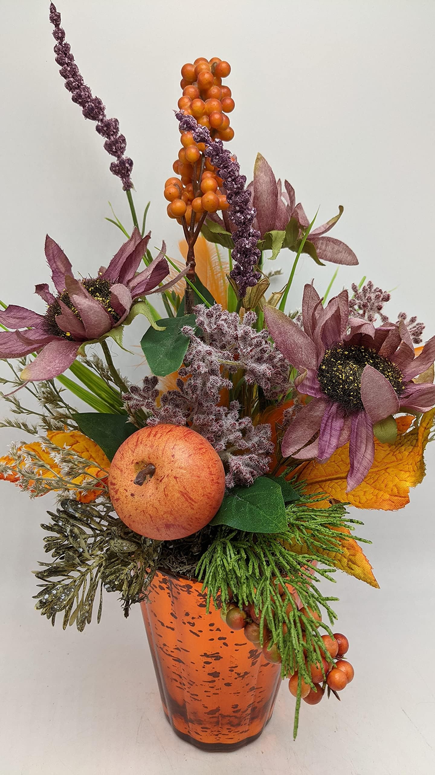 Tischgesteck Herbstgesteck Sonnenblumen Apfel Sanddorn lila orange