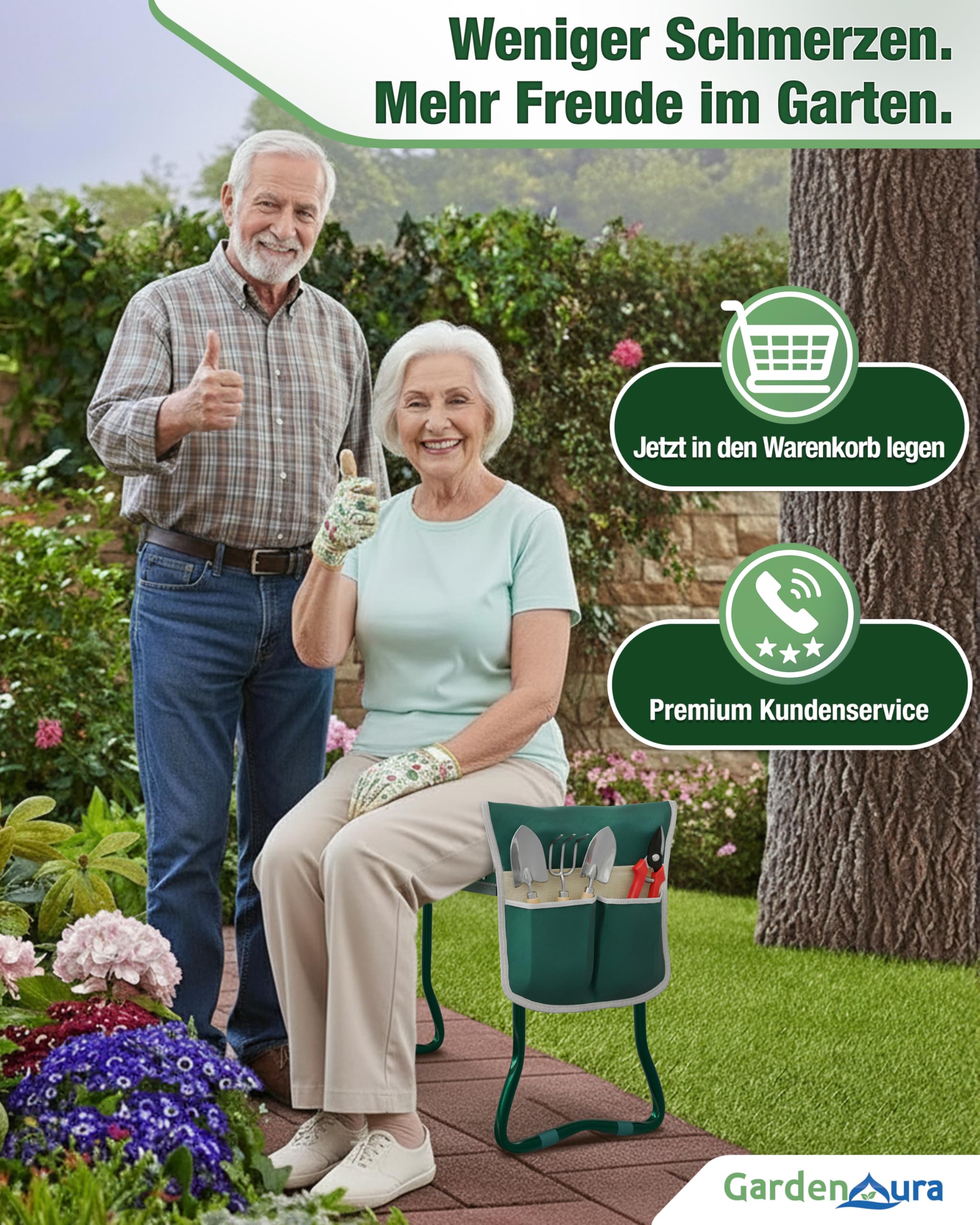Reposarodillas para jardinería – Taburete de jardín con bolsa de herramientas – Banco de jardín – Banco de rodillas de jardín respetuoso con la espalda y las articulaciones, soporta hasta