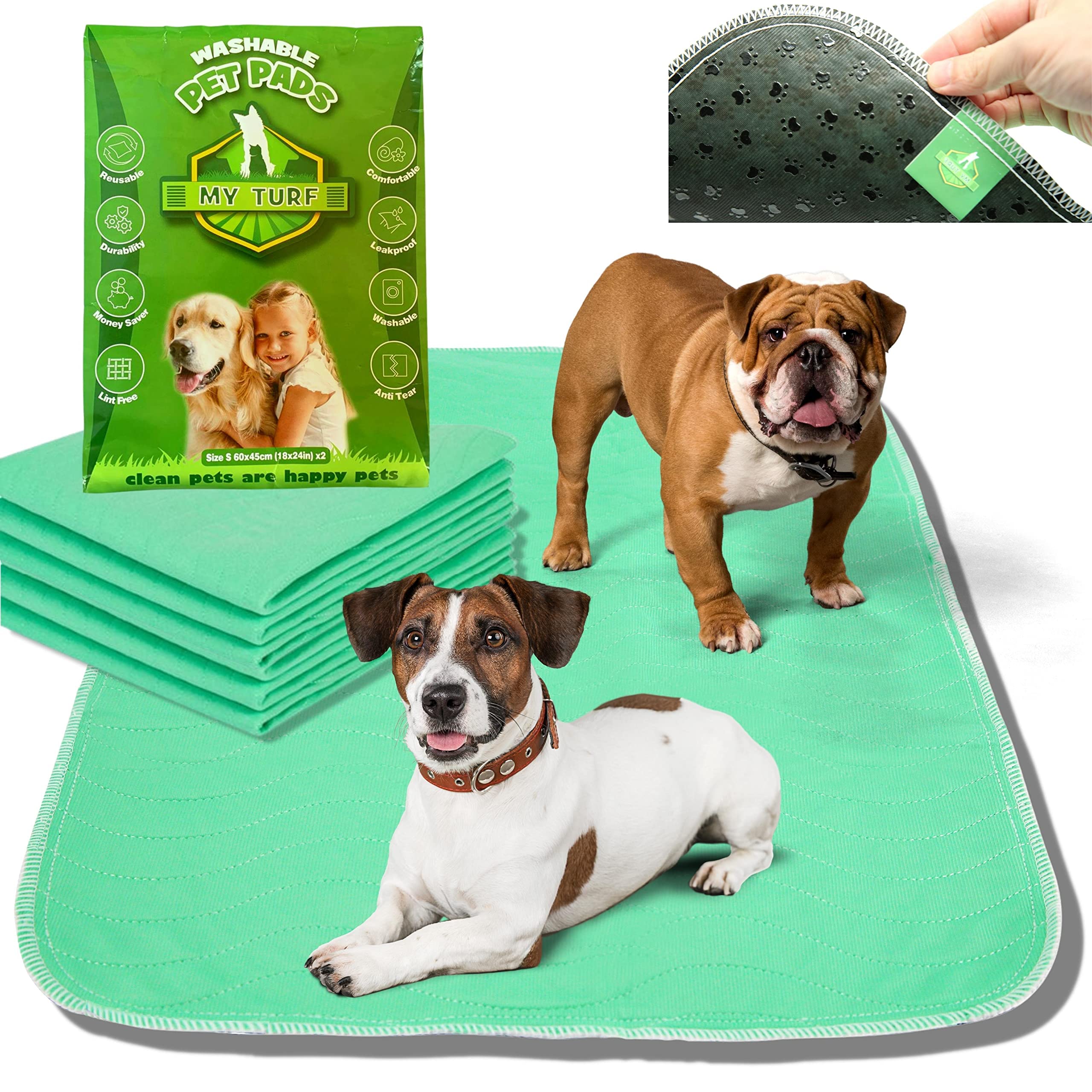 MY TURF Highly Absorbent Washable Puppy Pads 60cm x 45cm (x2), Reusable Puppy Training Pee Pads, Waterproof, Leak Proof, Fast Drying, Anti Slip, Odour Control, Puppy Wee Mats