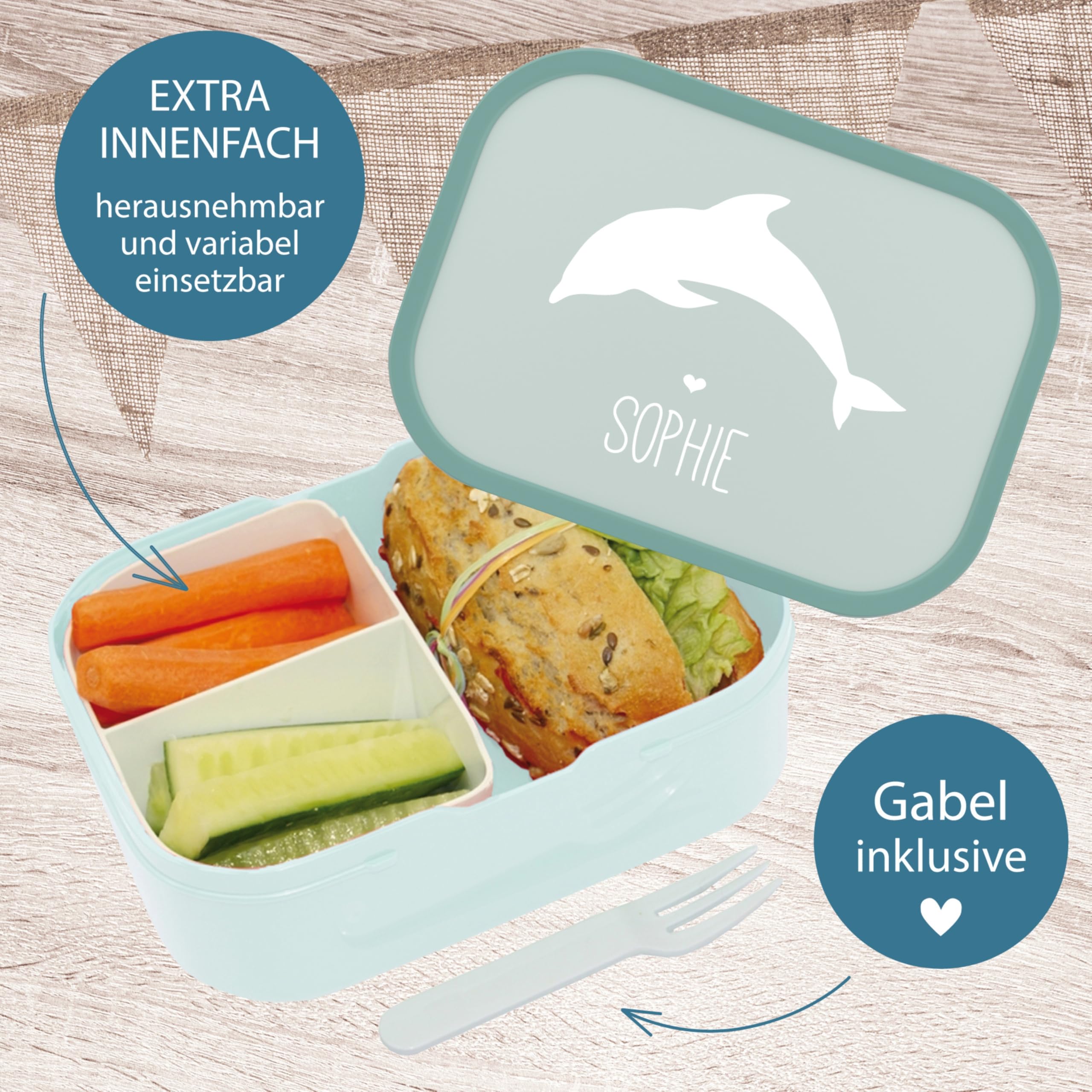 4ou Design Mepal Set Brotdose & Trinkflasche personalisiert mit Namen – Delfin türkis – Auslaufsicher, Bento Einsatz rausnehmbar, inkl. Snackgabel – BPA frei – Geschenk für Kinder (Cool Mint Delfin)