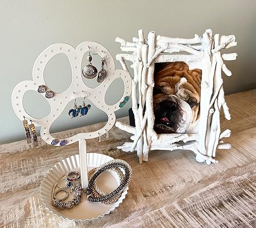 Miniatura 2 de Top Brass Organizador de aretes de pata de perro, exhibición de árbol de joyería de pie de metal con bandeja de anillo (blanco)