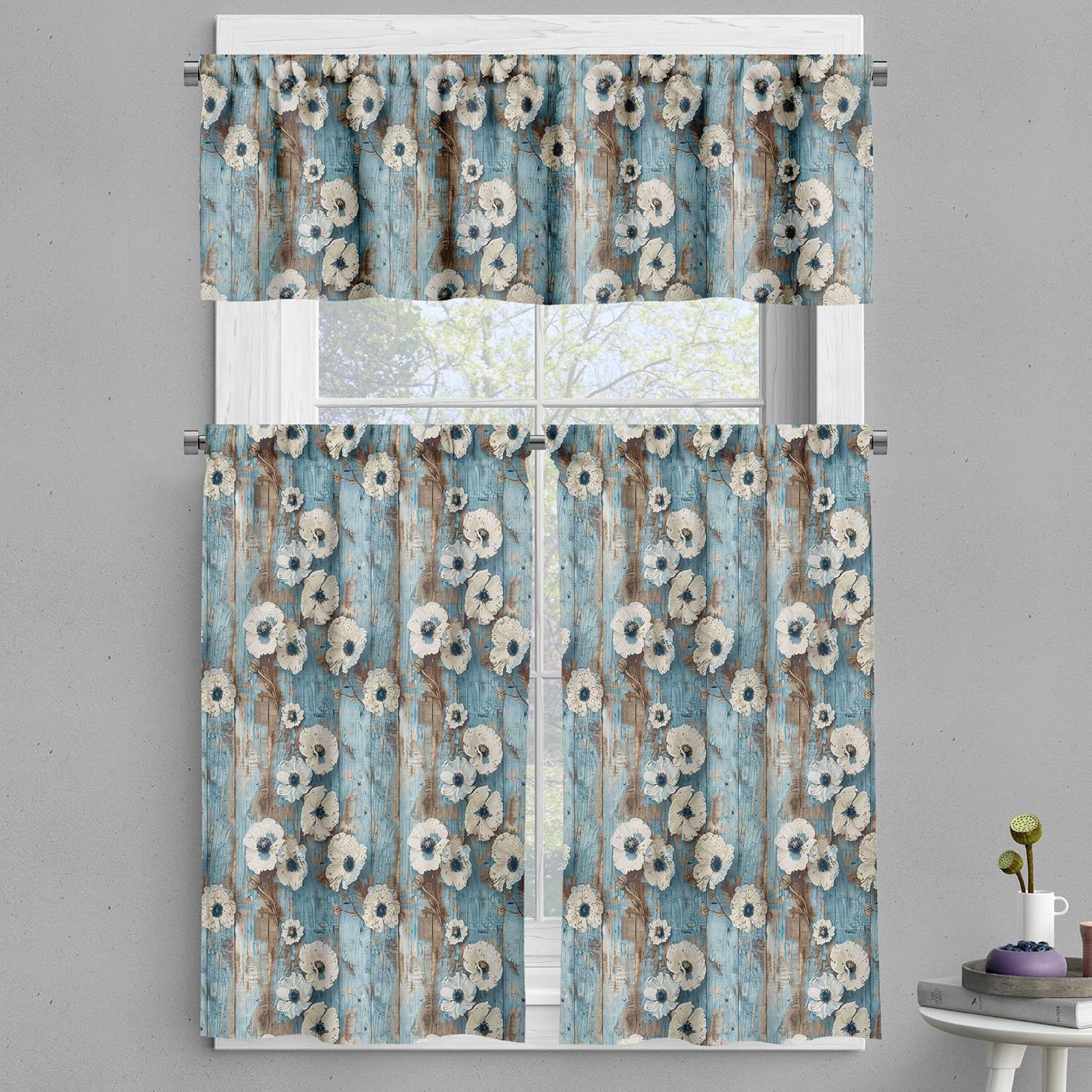 Ambesonne Floral Valance & Tier Curtain 3 pcs Set, Vintage Weathered Paint of Poppy Flowers on Vertical Wooden Planks, Window Treatments for Kitchen Room Decor, 55" x 36", Coconut Pale Blue and Dusk