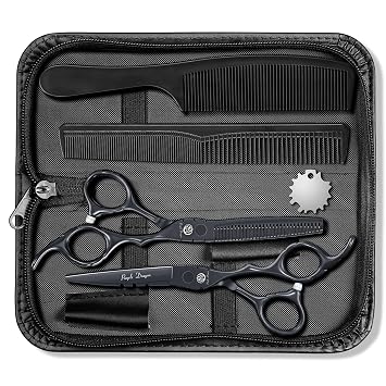 Purple Dragon Professional Japan 440C Hair Salon Cutting Shear and Barber Thinning Scissor Hairdressing Shear Set with Bag Black, 6 Inch