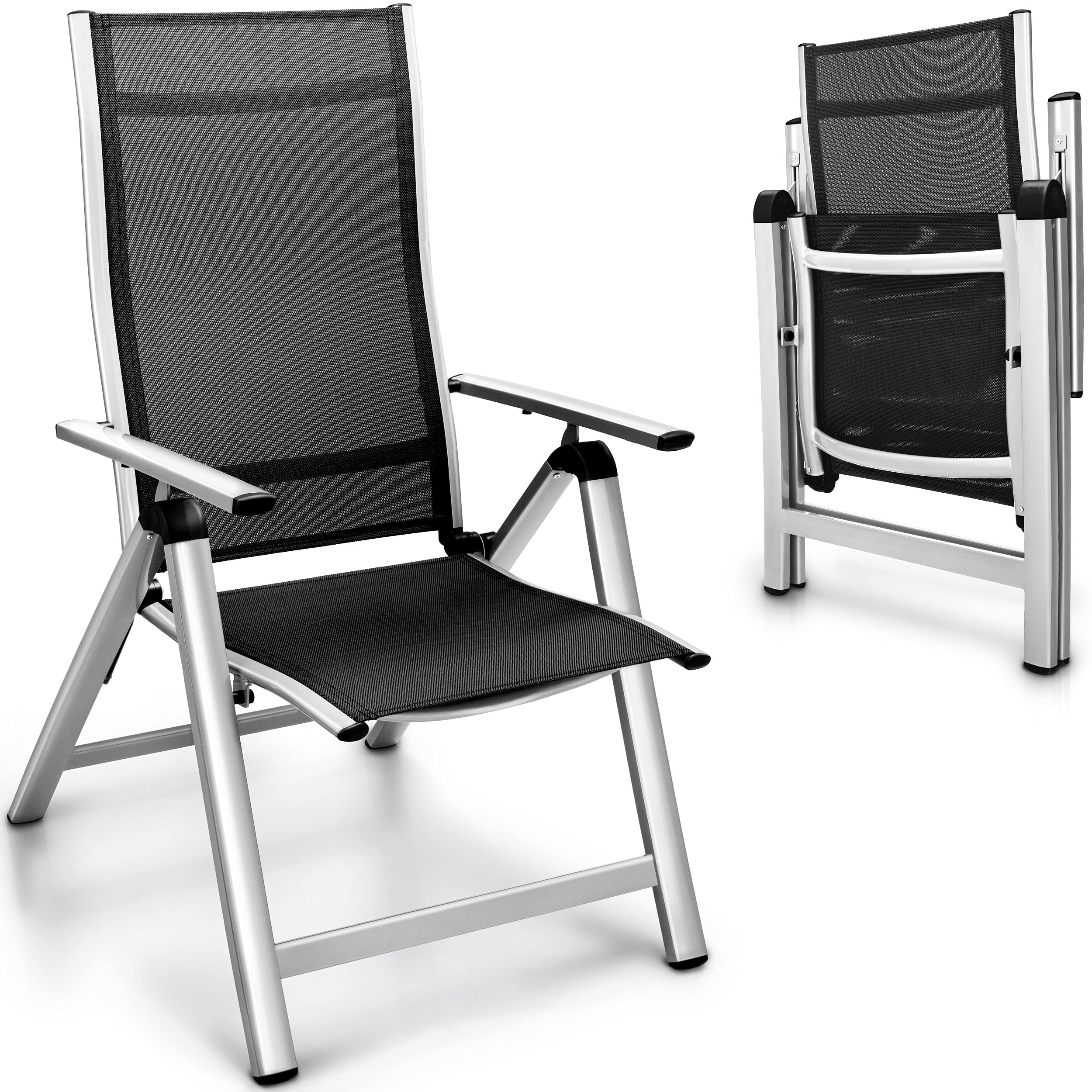 tillvex Silla de jardín prémium 1 pieza plegable de aluminio, respaldo alto con reposabrazos, silla plegable ajustable, silla plegable para balcón, jardín, terraza (plateada)