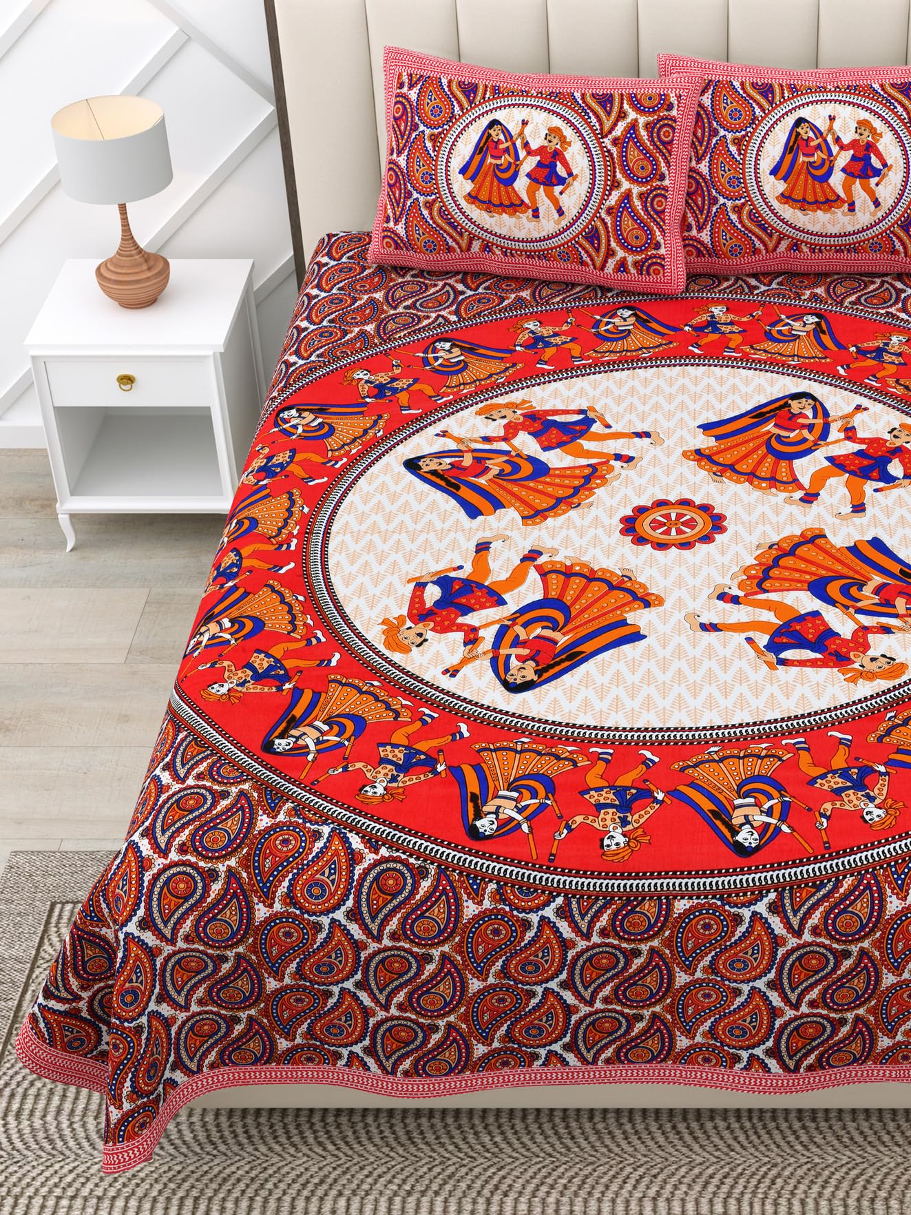 RajasthaniKart Classic 3 Piece 144 TC Cotton Double Bedsheet with 2 Pillow Covers - Abstract, Red