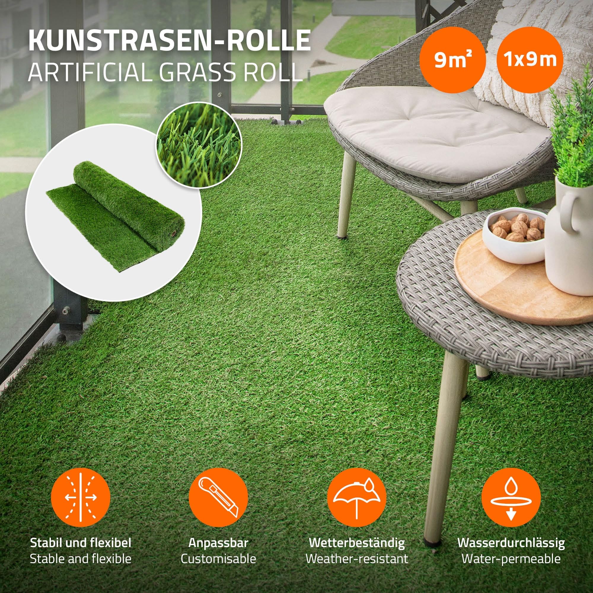ECD Germany Rotolo Erba Sintetica 100x900 cm 9m² Verde, Tappeto Erba Artificiale Outdoor Resistente alle Intemperie, Altezza 35 mm, Drenante e Anti UV, Prato Finto per Balcone Terrazza e Giardino