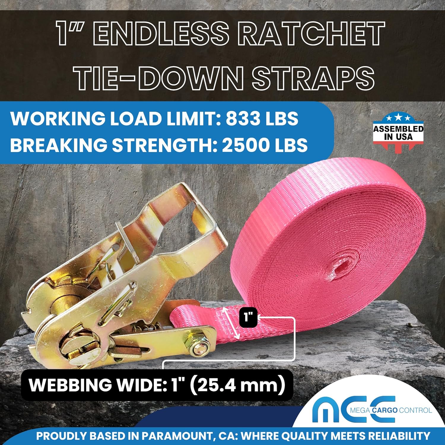 Mega Cargo Control 10 - Pack Endless Ratchet Straps, 1" x 10' Pink Tie Downs for Cargo Bundling, DIY, Truck, Kayak, Lumber