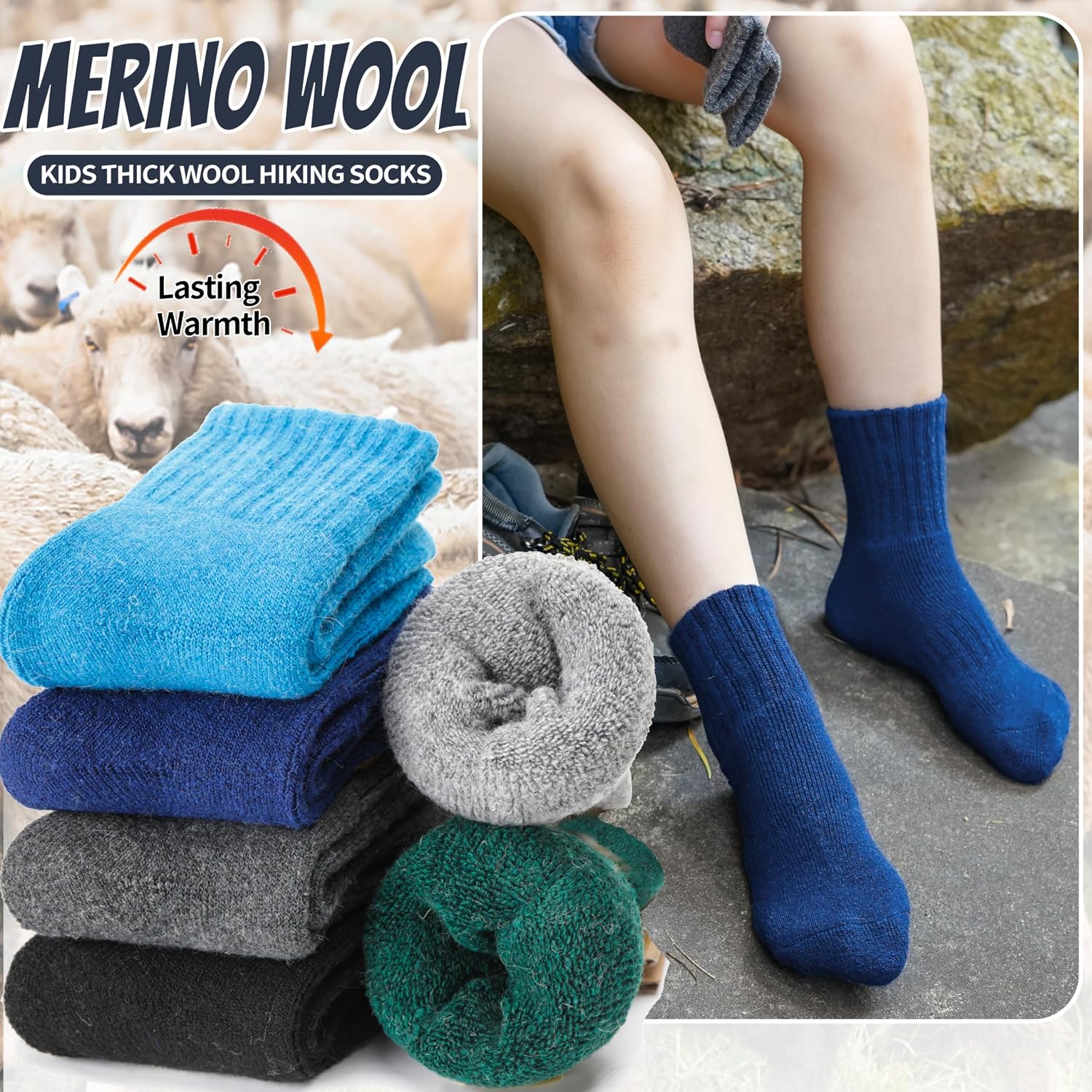 EBMORE Kids Merino Wool Hiking Socks Thermal Winter Warm Thick Boys Toddlers Girls Cushion Crew Socks 6 Pairs