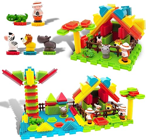 PicassoTiles PTB100 - Juego de 100 piezas de bloques de construcción 3D con bloqueo de cerdas, juego temático de safari, juego de aprendizaje, juego