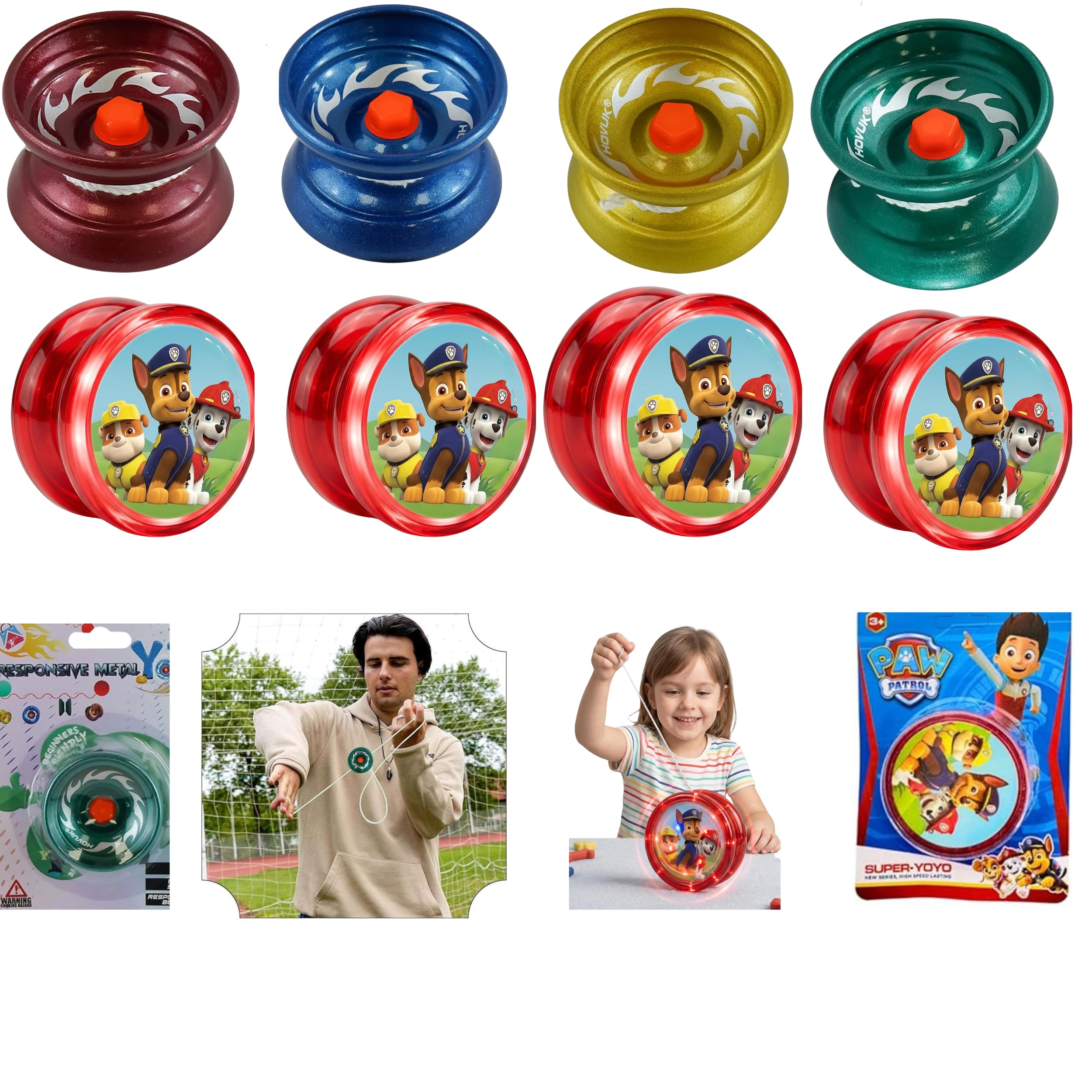 8 Pack YoYo Bundle, 4 Metal Trick YoYos Assorted Colors 5cm & 4 Paw Patrol LED Light Up Yo-Yos 5.5cm for Kids, Beginner Responsive Skill Toy Set, Party Favor Pack, Fidget Play, Gift for Boys & Girls