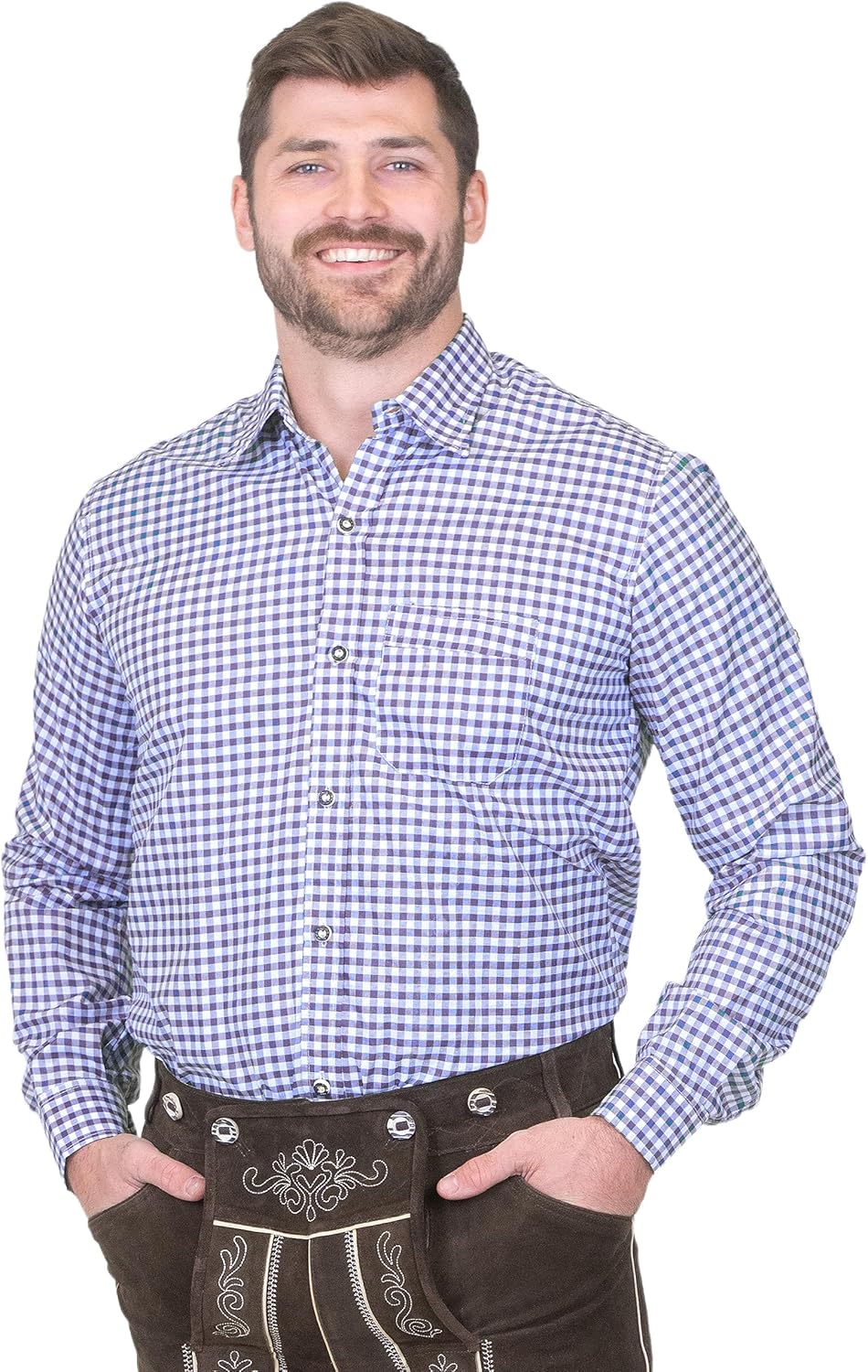 Dirndl Trachten Haus German Blue Plaid Lederhosen Longsleeve/Shortsleeve Button Down Shirt