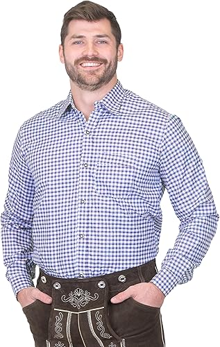 Dirndl Trachten Haus Camisa de manga largamanga corta con botones a cuadros azules alemanes