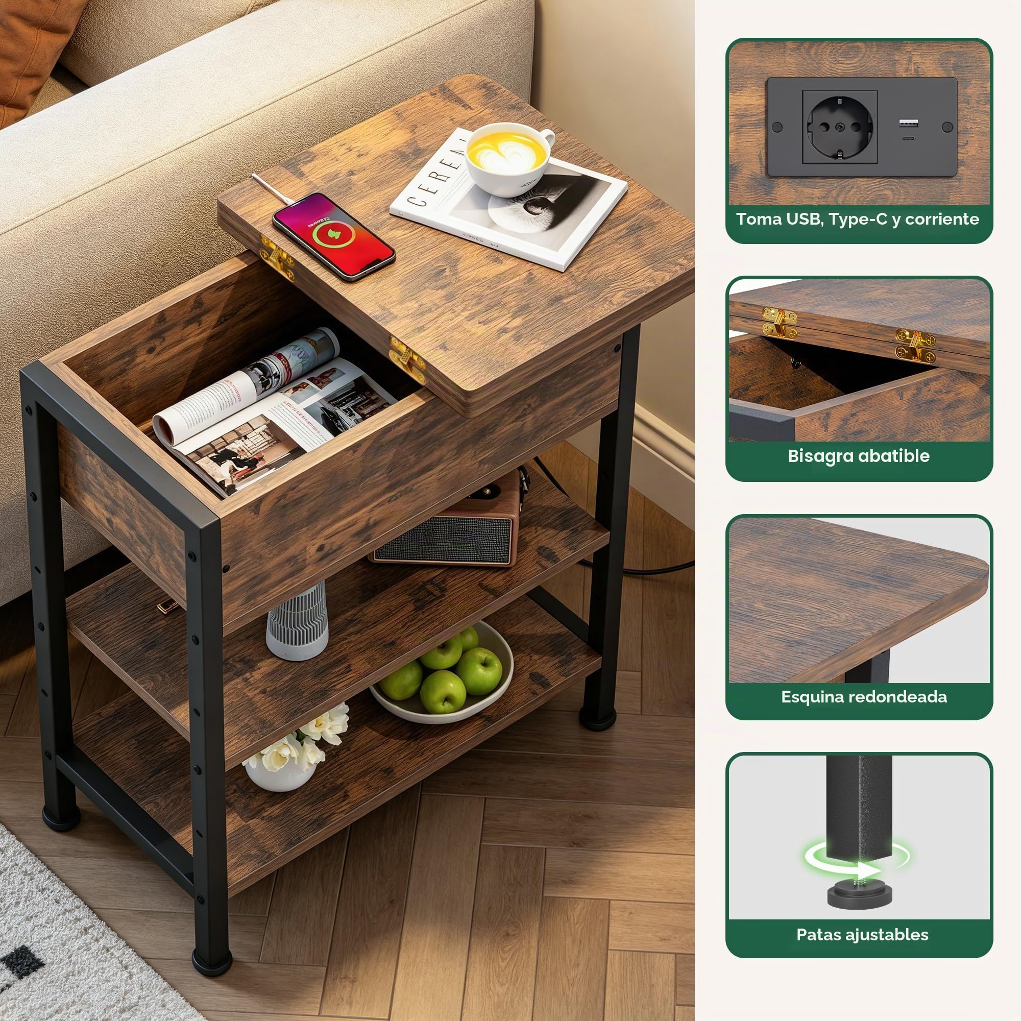 Mesa Auxiliar Pequeña con Multienchufe, Mesa Lateral Estrecha Madera