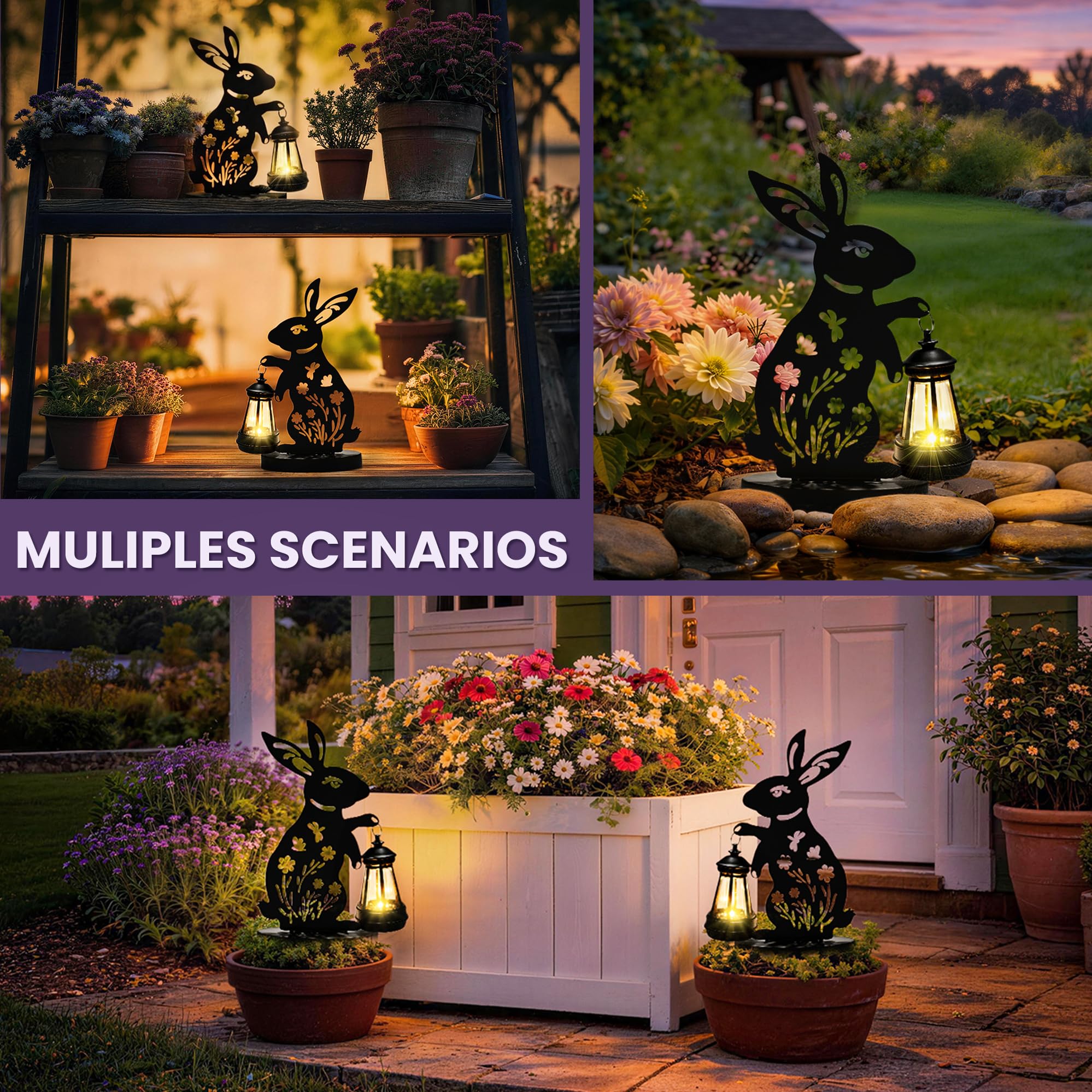 GIGALUMI Iron Rabbit Statue Garden Ornaments Outdoor with Solar Powered Lights,Unique Gifts for Mom,Women,Waterproof Garden Statue Decorations for Patio, Yard(2 Pack) — view 6