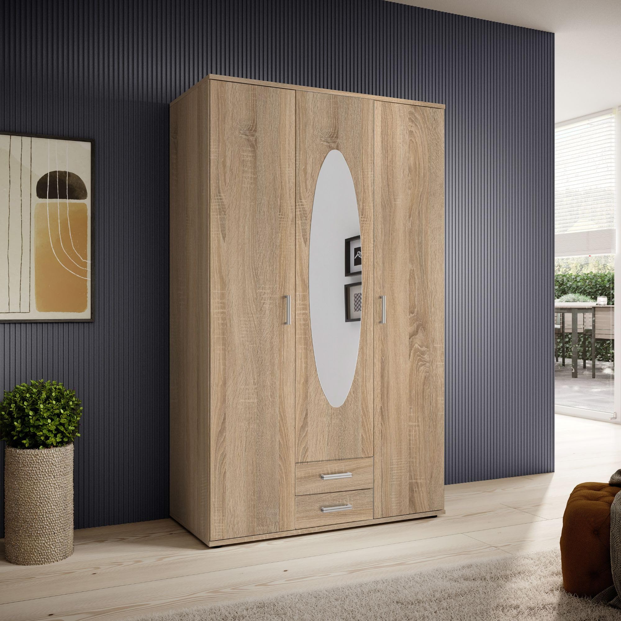 Stella Trading Eleganter Kleiderschrank 3-türig mit viel Stauraum - Vielseitiger Drehtürenschrank in Sonoma Eiche Optik mit Spiegeltür - 120 x 195 x 55 cm (B/H/T)