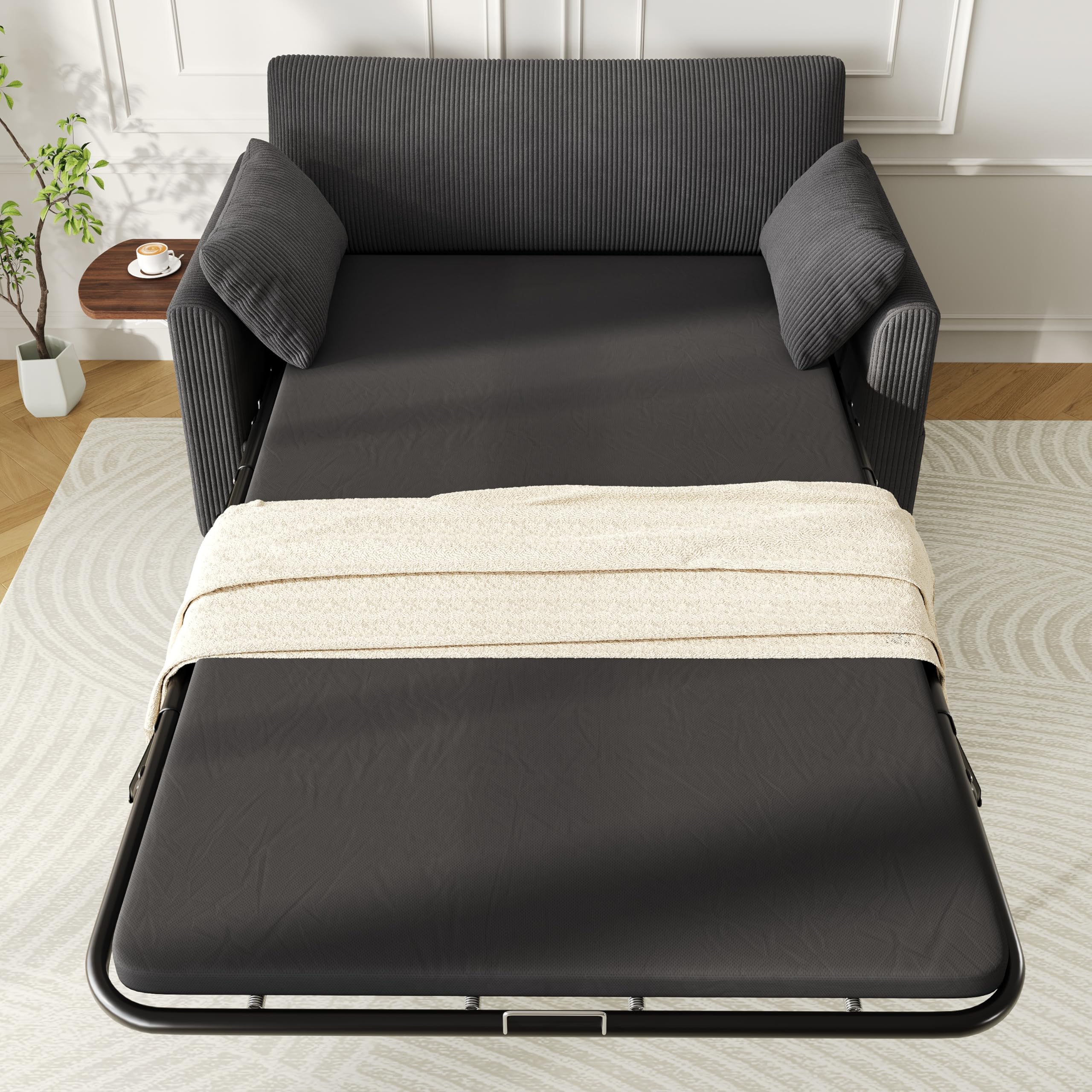 Divano letto 2 posti allungabile con funzione letto, porta di ricarica USB, tablet laterale pieghevole, materasso, due lenzuola e due cuscini, ideale per saloni e appartamenti