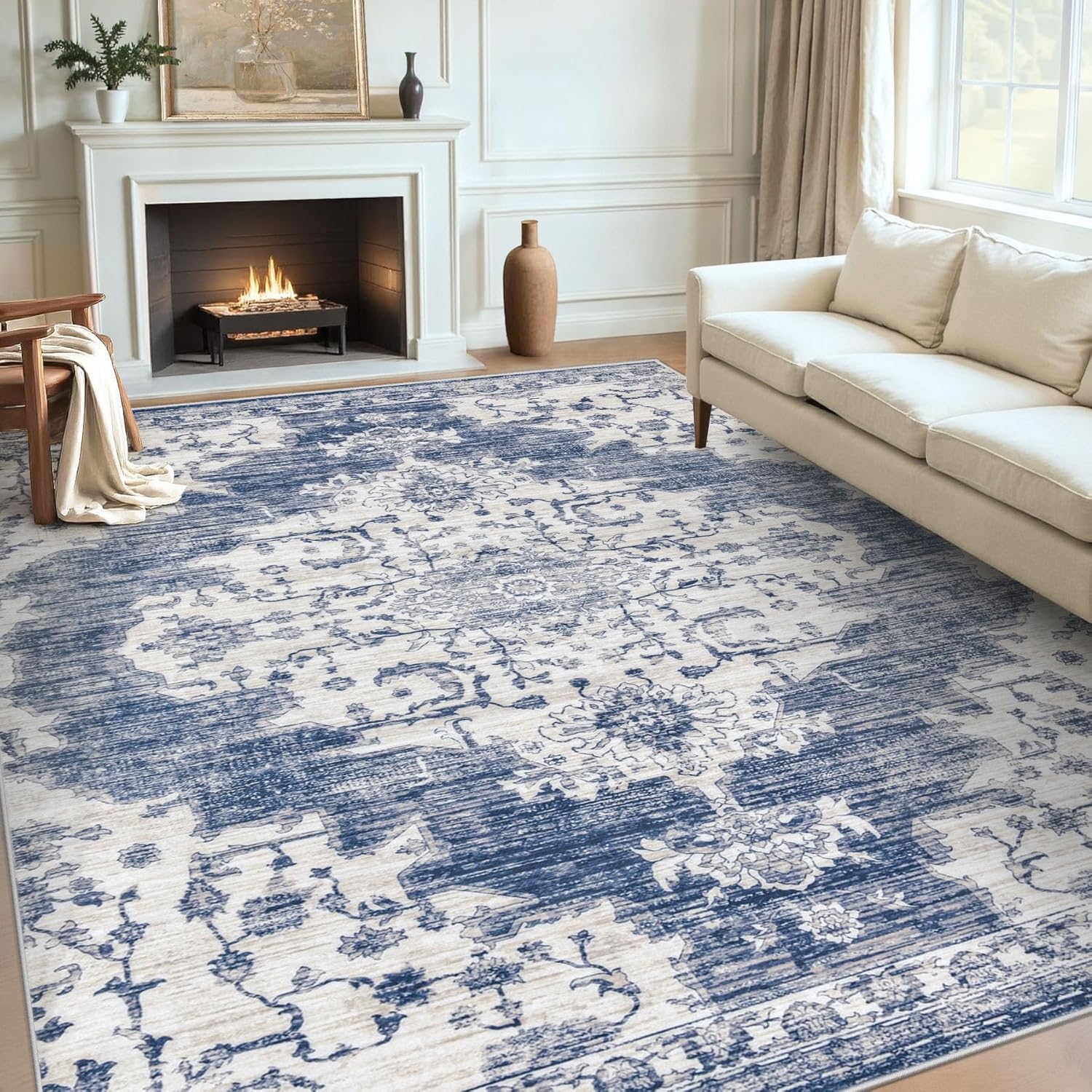 Area Rugs 9x12 Living Room: Large Vintage Living Room Rug with Non-Slip Backing Low Pile Rugs Soft Indoor Floor Thin Carpet Non Shedding Neutral Carpets for Bedroom Dining Room Farmhouse Nursery Blue 9' x 12' (Rectangular) Blue