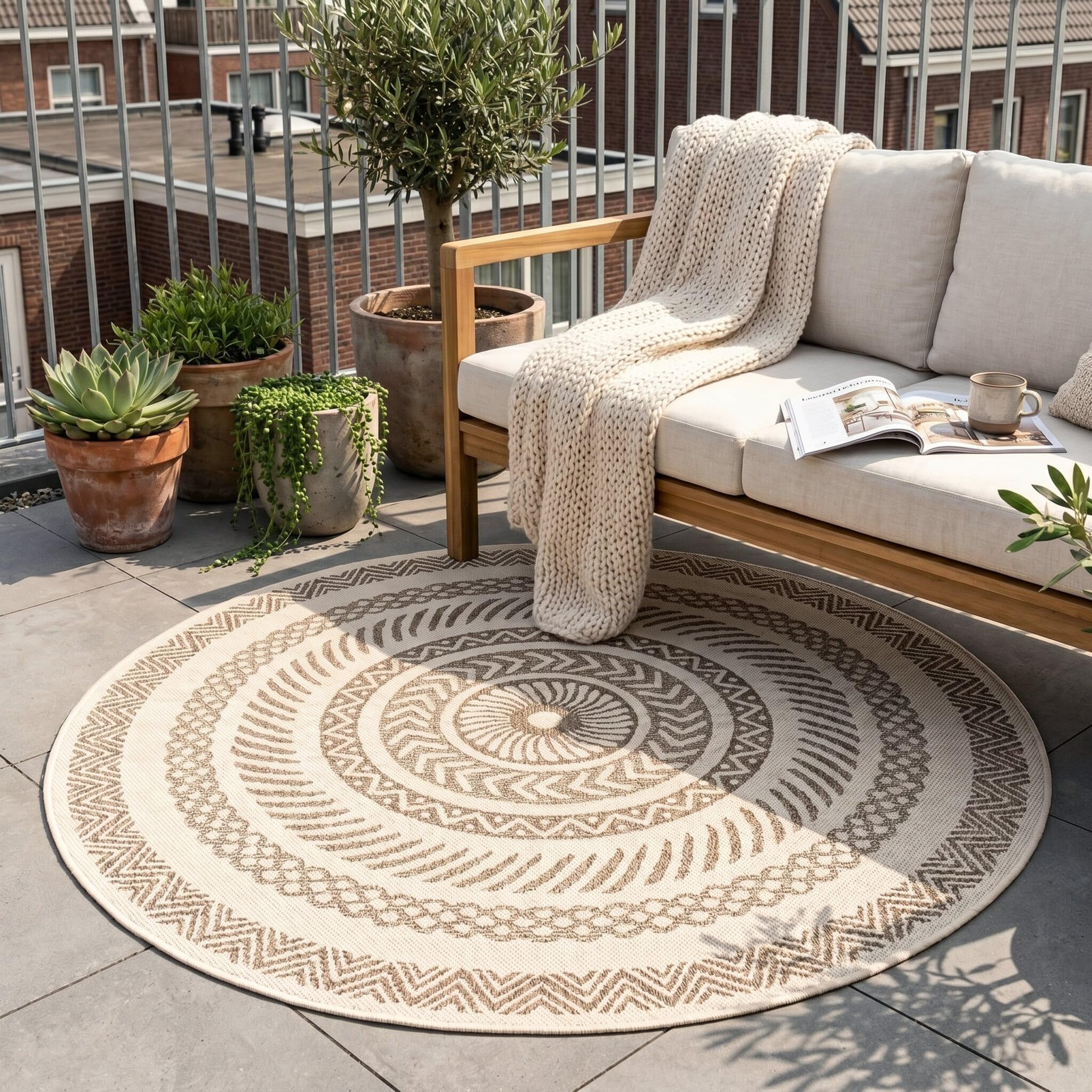In- & Outdoor Jute Teppich Rund - Nomad Aztec Creme - Ø 120 cm | Wetterfest - Synthetik, Polypropylen - Wohnzimmer, Esszimmer, Balkon, Garten / Terrasse - Terrasse teppich - Outdoor rug