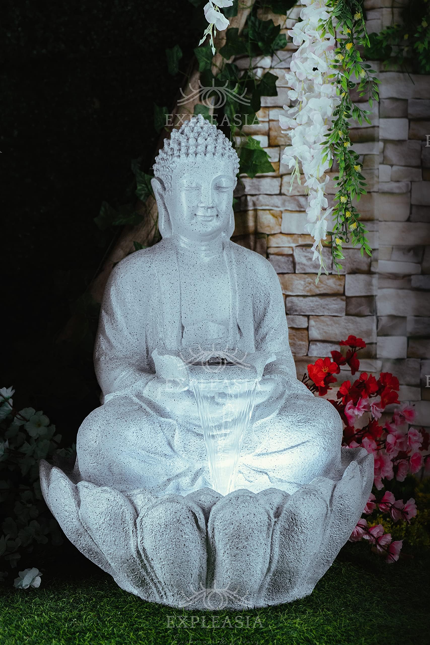EXPLEASIA Lotus Buddha Water Fountain for Home, Office, Garden (Grey) - Home Decor, Resin (Version 2020)