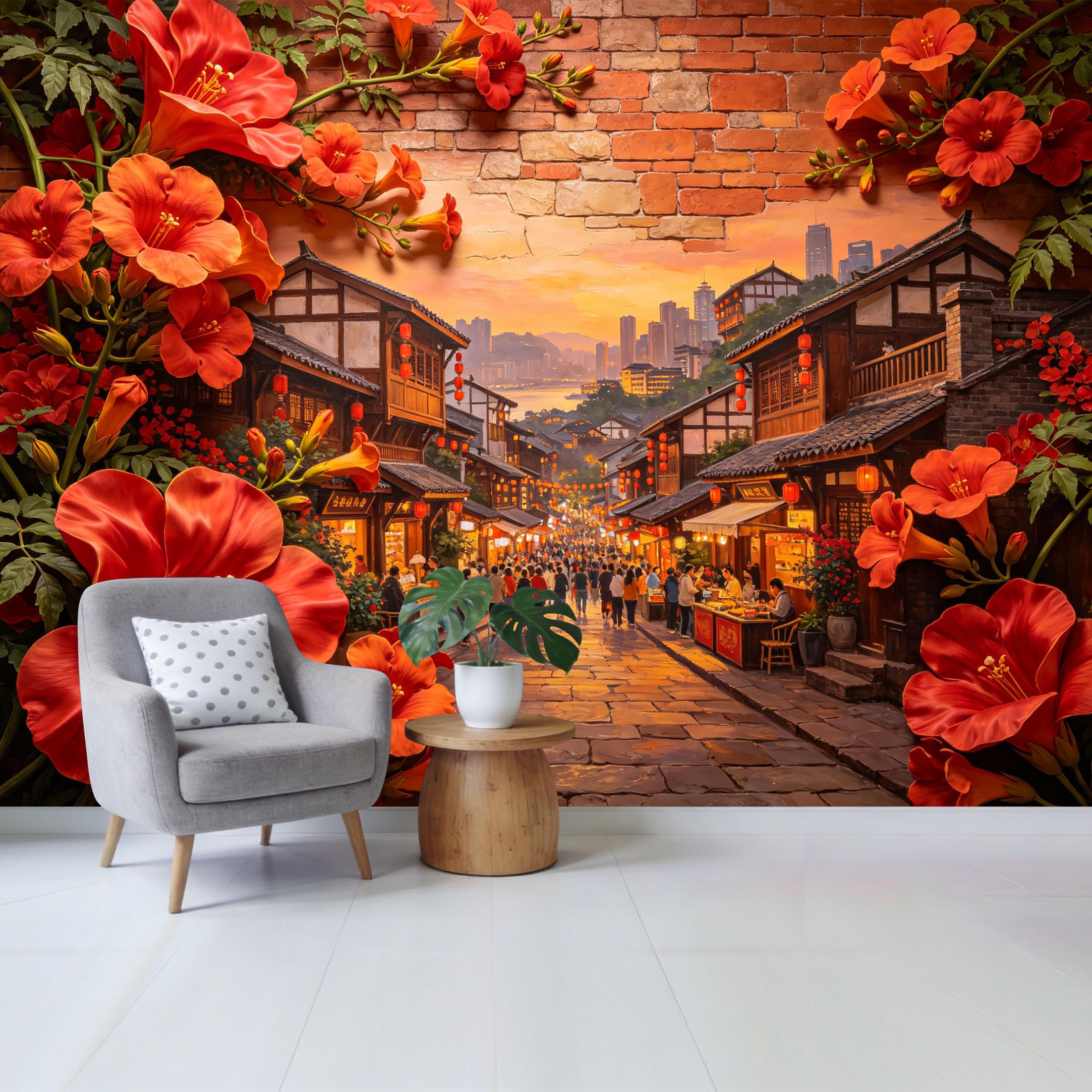 Custom Size Wall Mural Traditional Asian Street Sunset Cityscape Vibrant Red Flowers Botanical 3D Trompe L'Oeil SelfAdhesive Wall Fabric Removable Wallpaper for Home Office Decor