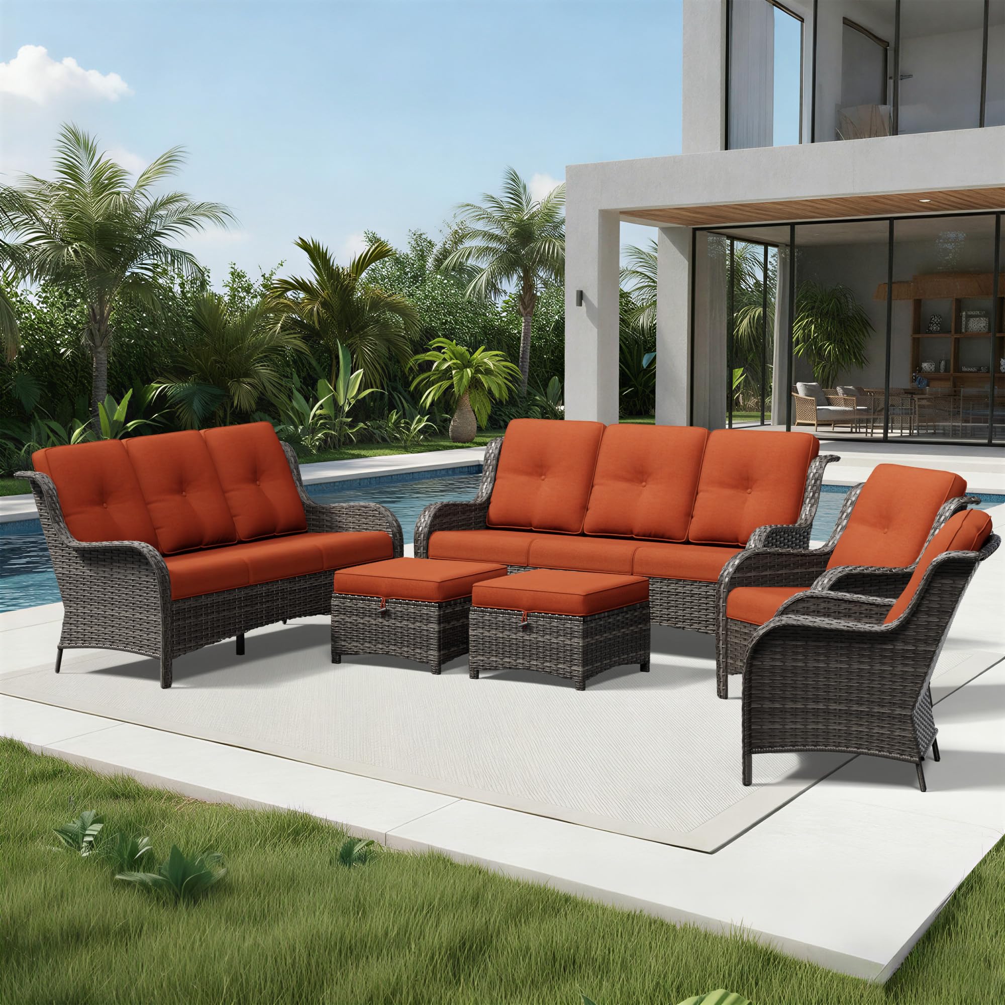 Joyside 6 Piece Wicker Patio Furniture Set, Rattan Patio Chairs with High Back, Deep Seating, Wide Armrest, Thickened Cushions, Outdoor Furniture for Deck, Porch Use