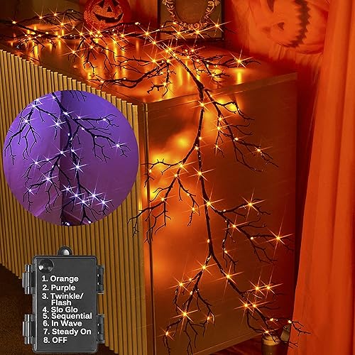 Hairui Guirnalda de Halloween con luces, 120 luces de hadas bicolor naranja y morado, 8 funciones, guirnalda negra iluminada de 6 pies, funciona con