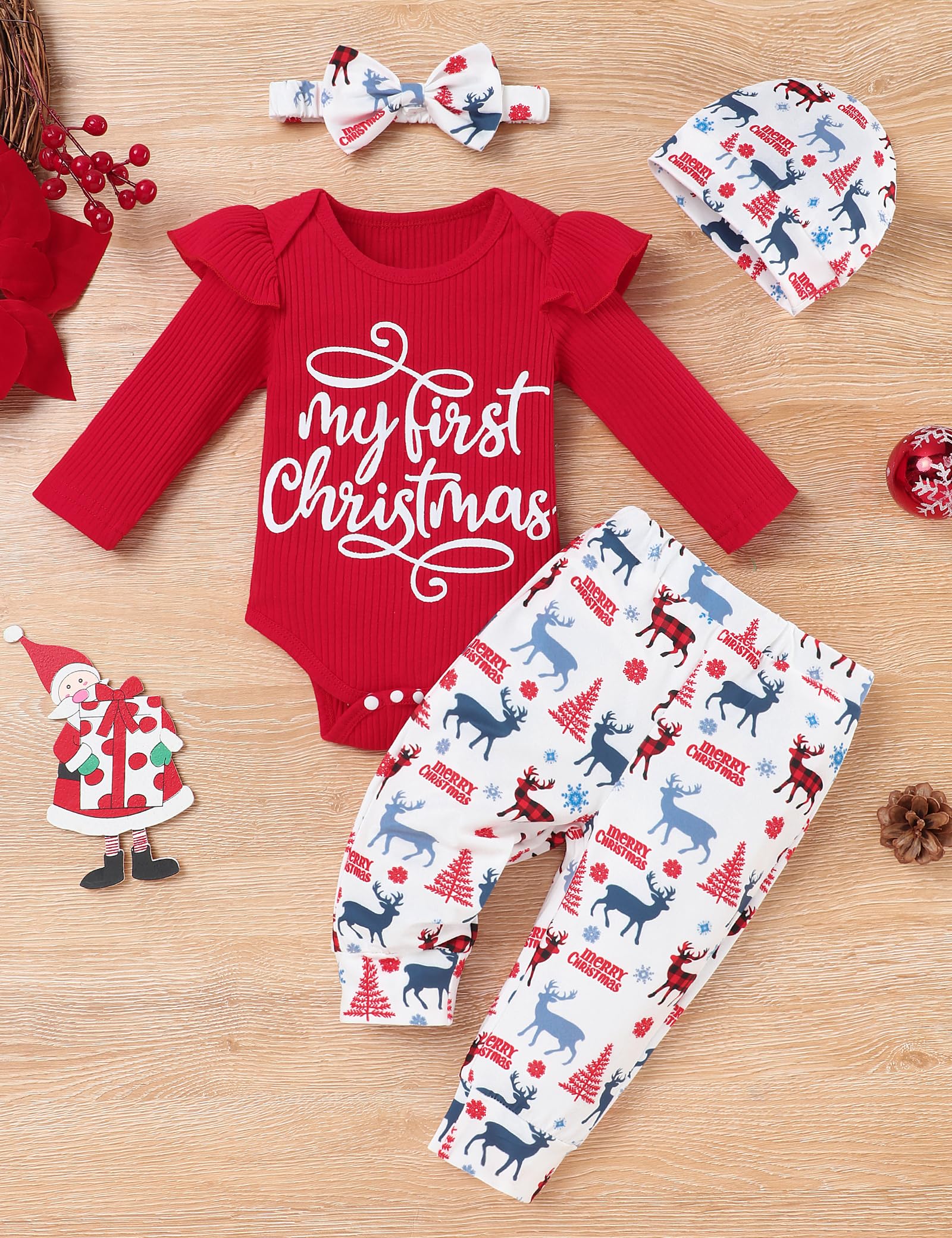 My First Christmas Baby Girl Outfit Christmas Ruffle Sleeve Romper Santa Pants with Headband Baby Girl Christmas Clothes