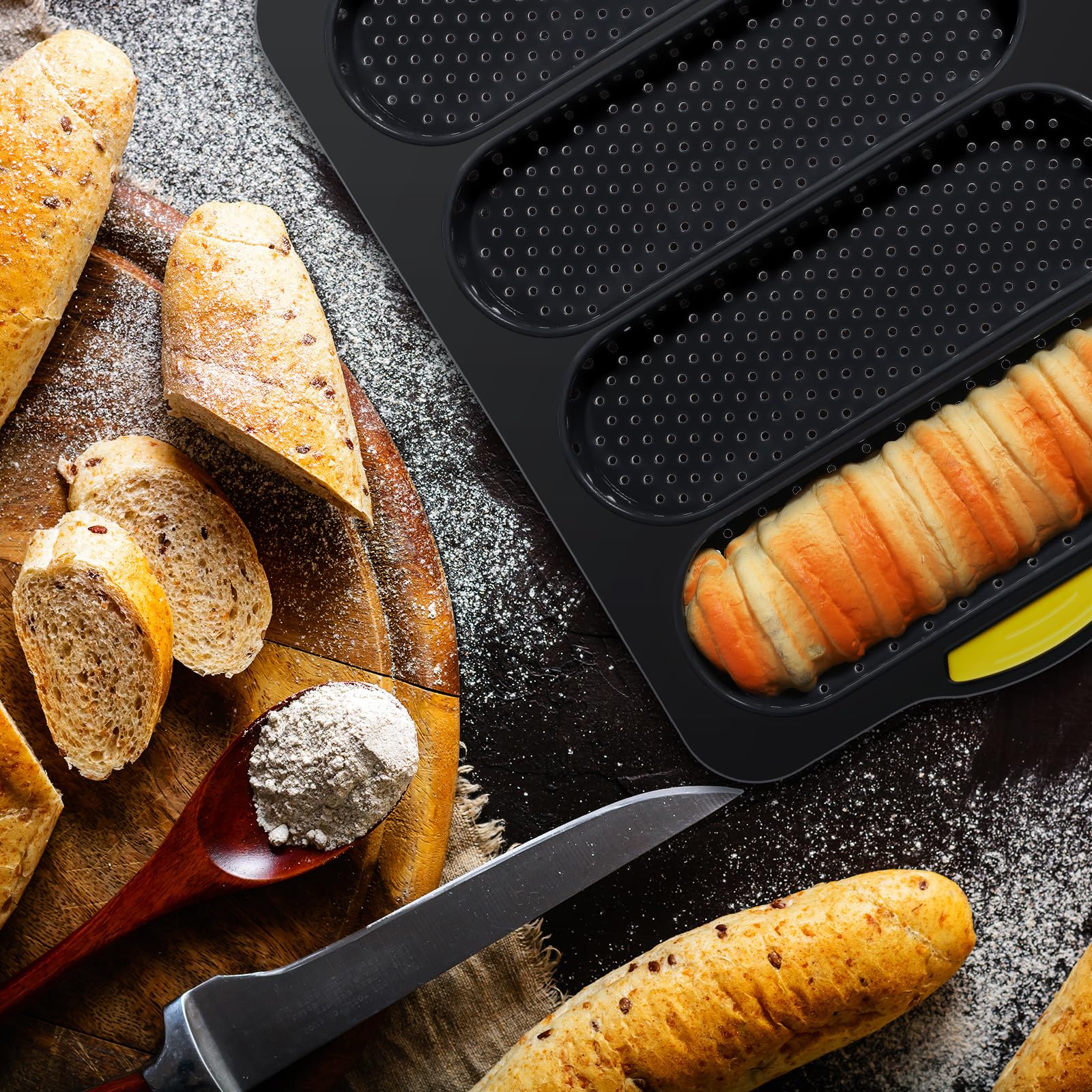 FillTouch Juego de 5 moldes de silicona para panecillos de hamburguesas de 4, 6, 9 tazas, con cepillo de espátula, antiadherentes, para hornear pan casero, bandeja para hornear sándwich, refrigerador,