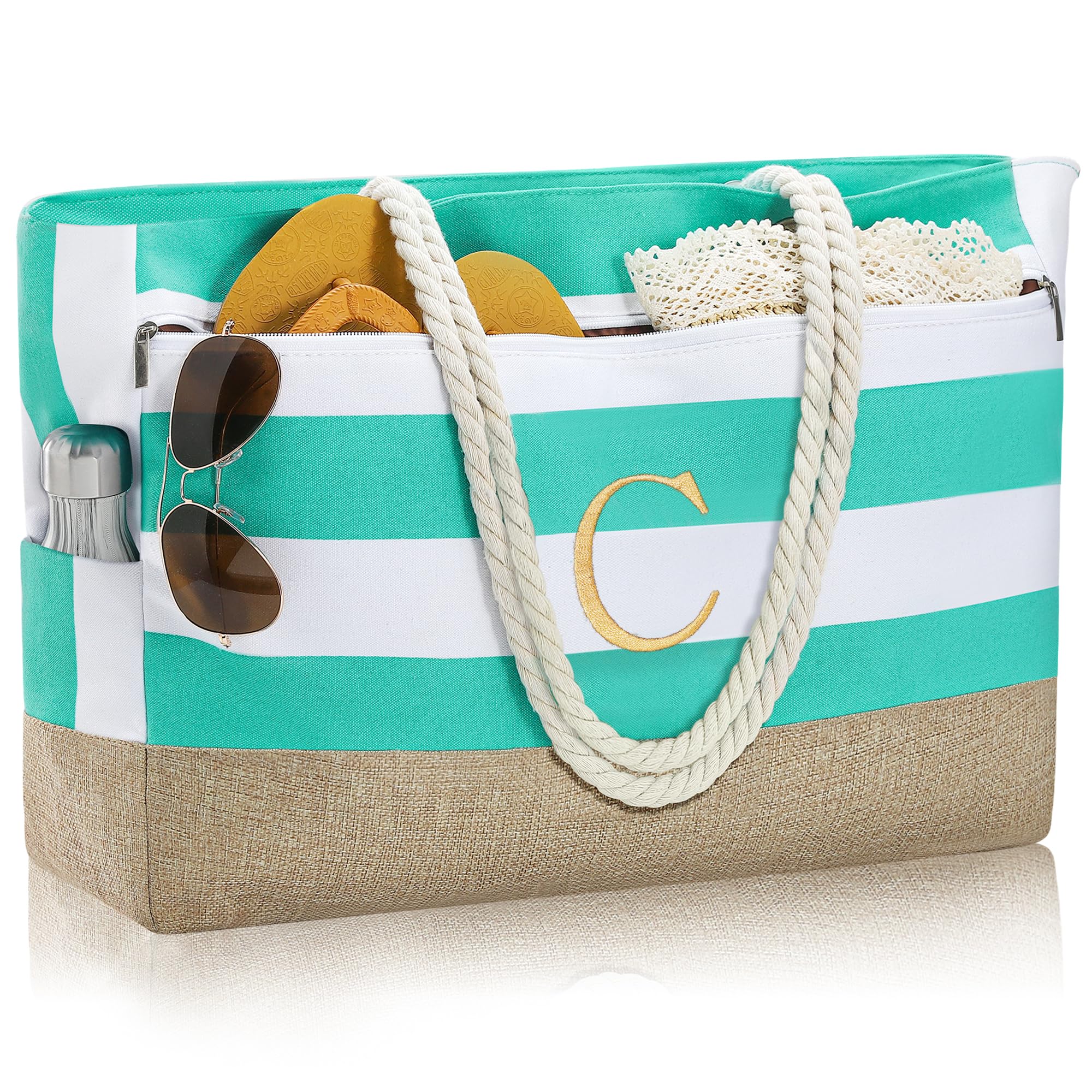 YOOLIFE Large Initial Beach Bag Waterproof Tote Zipper Bag Personalized Gifts for Women Her Birthday Travel Beach Essential