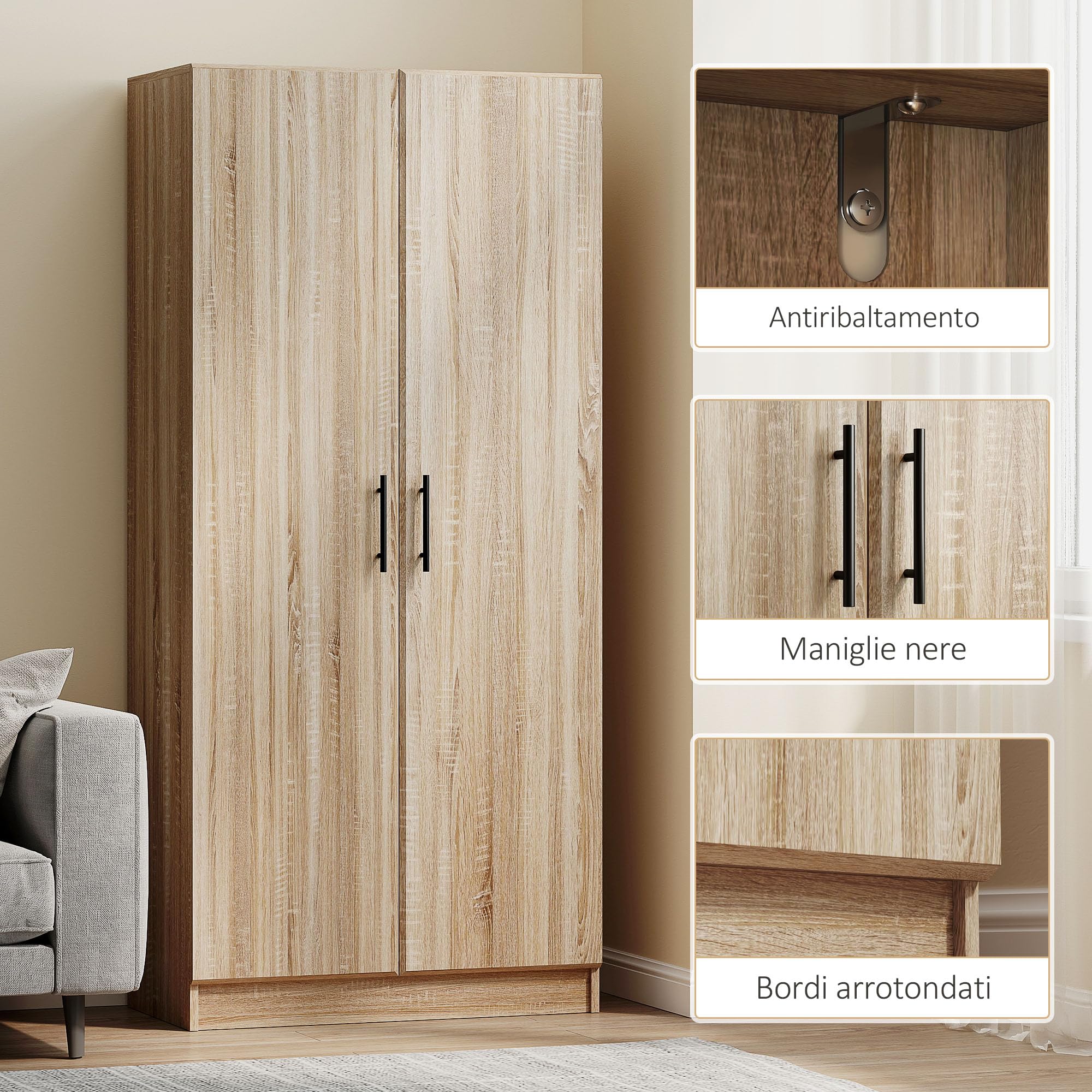 HOMCOM Credenza Cucina con Ante a Chiusura Ammortizzata, Dispensa Cucina con 2 Ripiani Regolabili, Mobile Dispensa per Soggiorno, Sala da Pranzo, Salotto, 75x40x165 cm, Color Legno