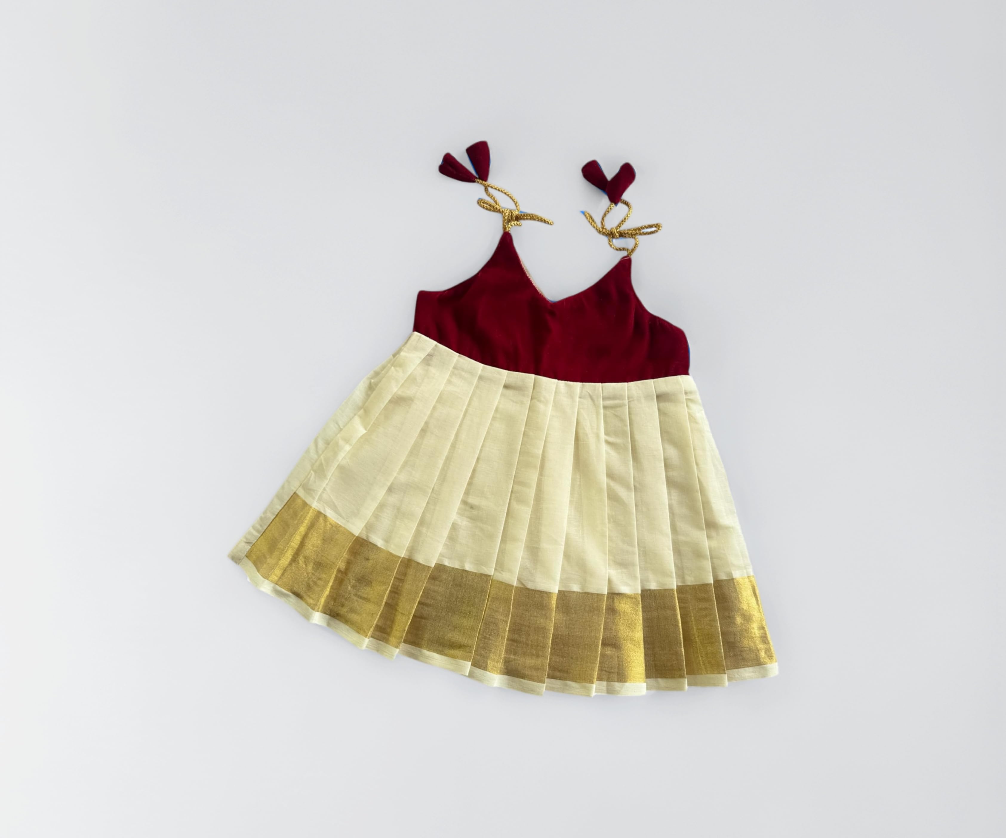 Picksparrow Newborn Baby Girl Kasavu Dress/Kerala Kasavu Traditional Frock/Onam-Vishu Dress (Velvet, Shoulder-Knot)