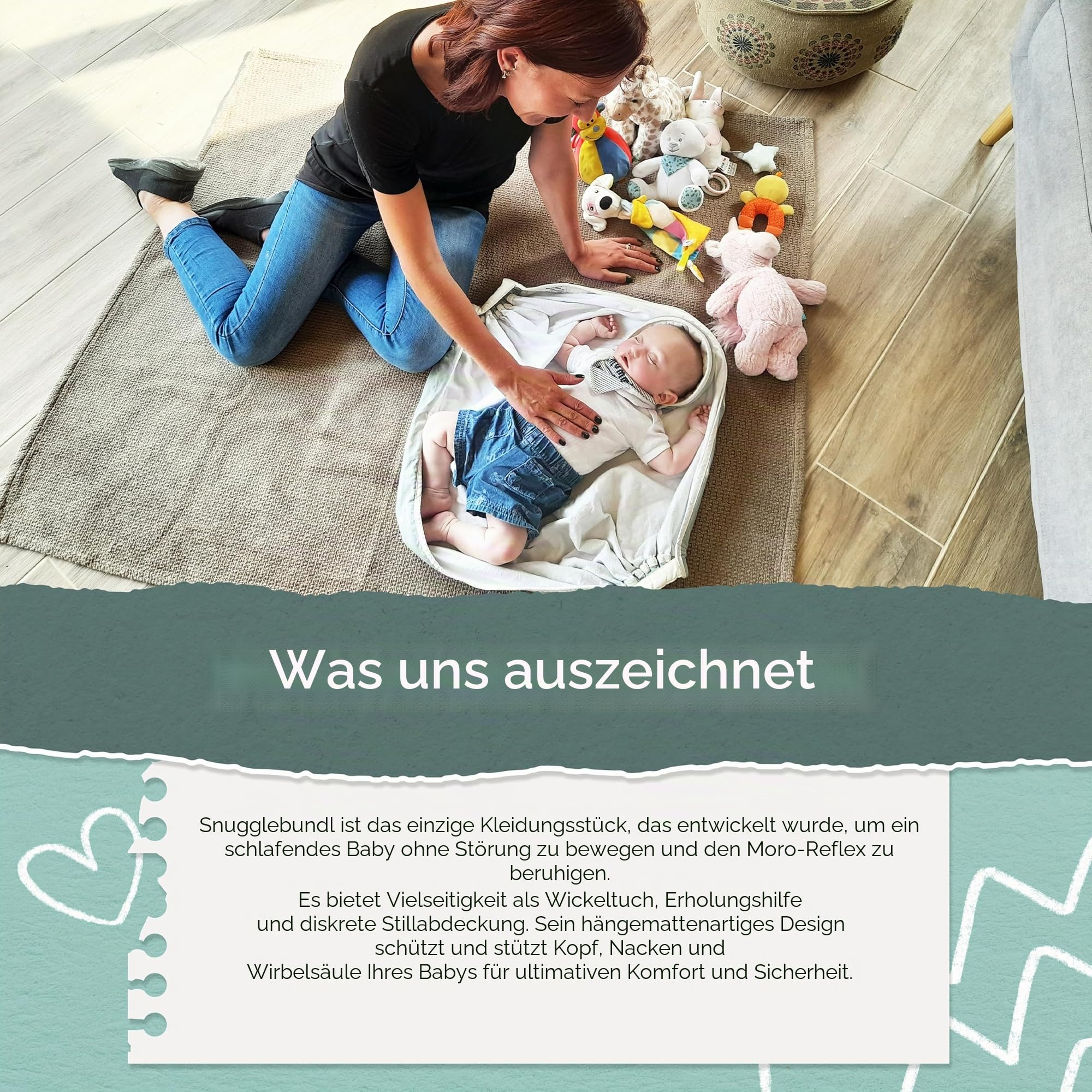 Snugglebundl Baby Bumble Babytragehilfe mit Griffen Einfach heben & legen-auch im Schlaf! 100% Bio-Baumwolle Babywiegedecke für Eltern & Hebammen Babyautositz-Decke