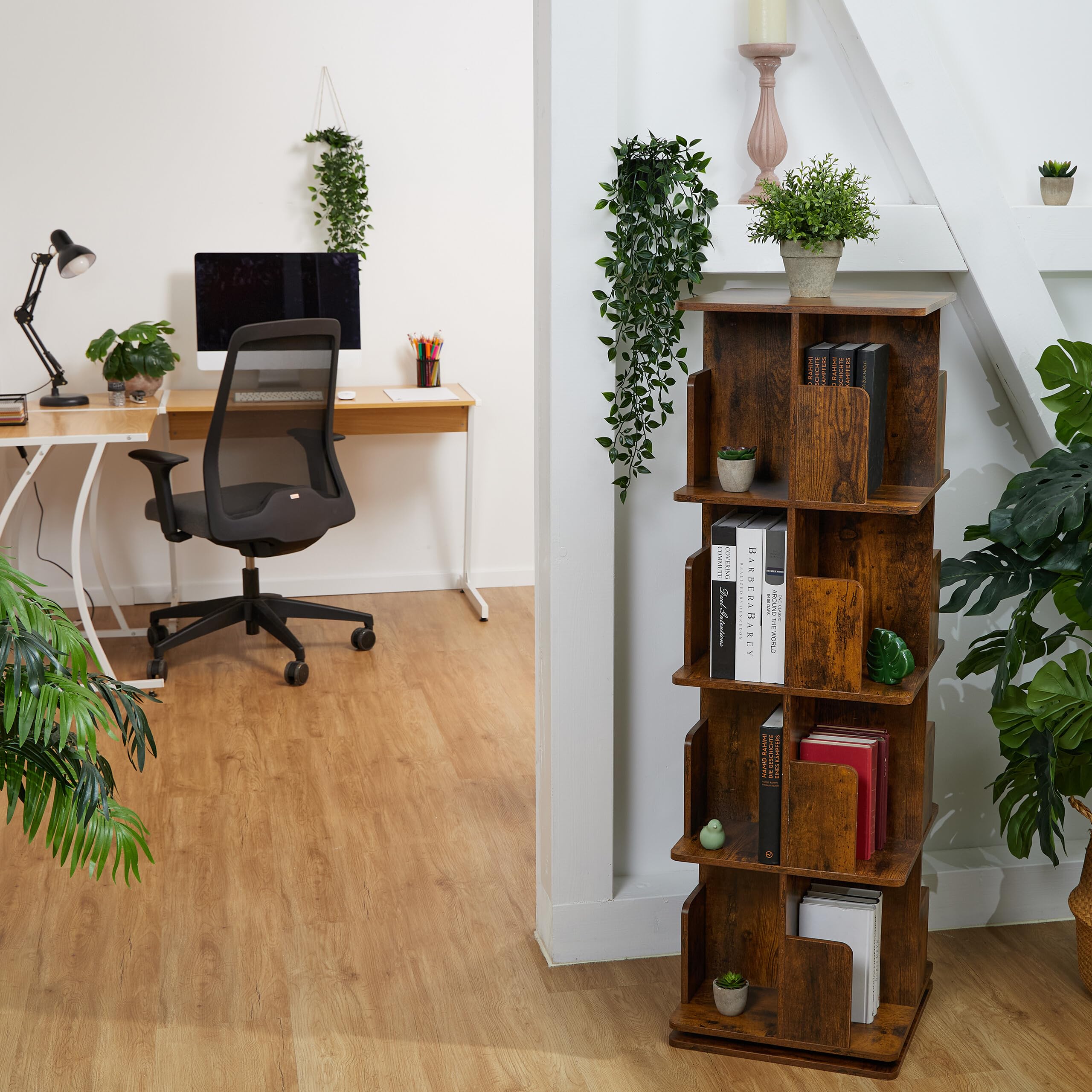 Relaxdays Libreria Girevole, 4 Ripiani 125,5x39x39 cm, Scaffale Industriale Porta Libri, CD, Dvd, Torre Rotante, Marrone