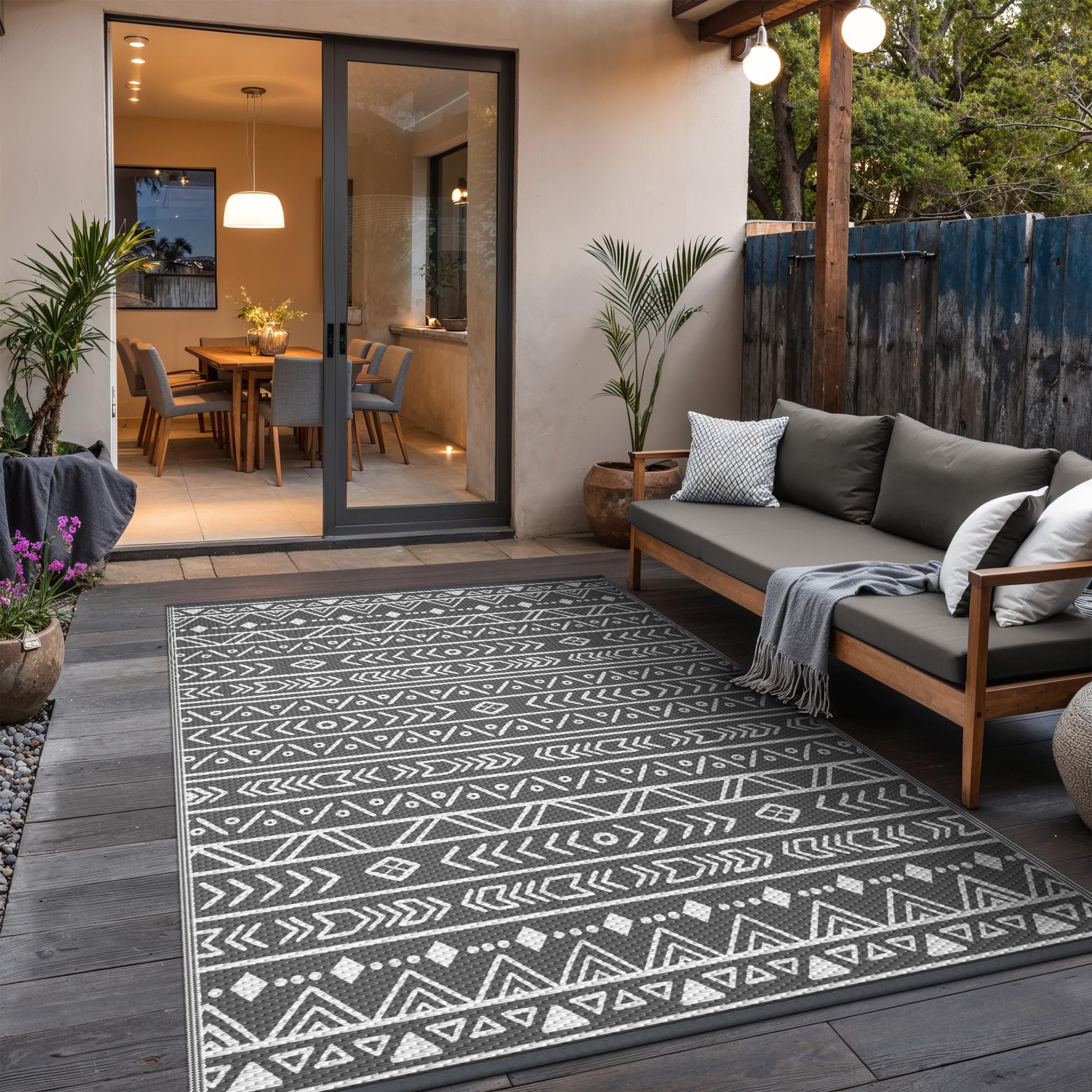 GENIMO Tappeto Esterno 300x400 cm, Design Grigio Bianco, Lavabile, per Giardino, Terrazza, Balcone, Camper e Picnic