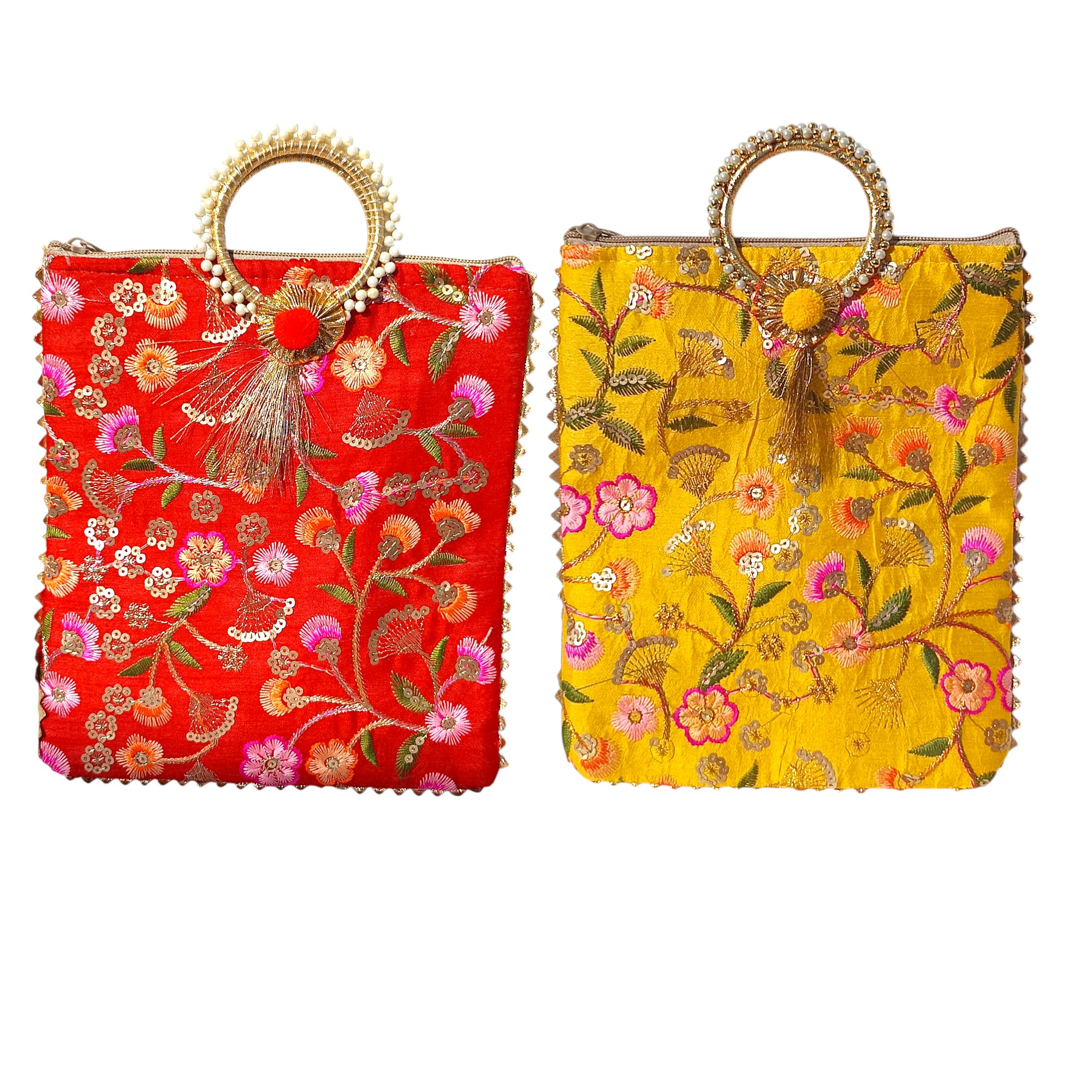 Colorful Embroided Round Handle Golden Flower Pattern Royal Batwa Bag Bridal Purse Women handbag Shagun Pouch Return Gifts (pack of 2)-image-48