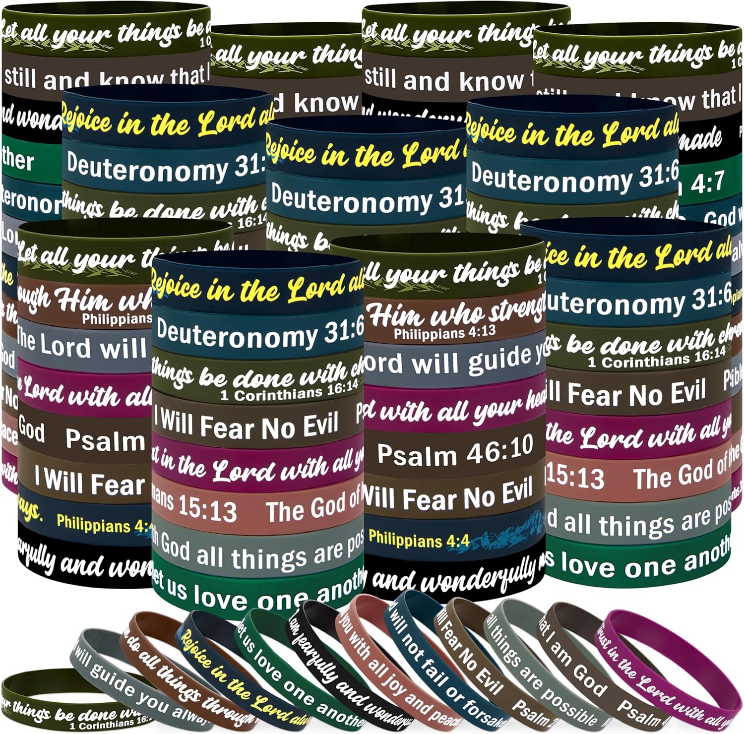 Moon Boat 144 Pcs Bible Verse Bracelets Bulk - Christian Jesus Religious Scripture Silicone Wristbands Dark Style for Men Women Inspirational Gifts Party Supplies