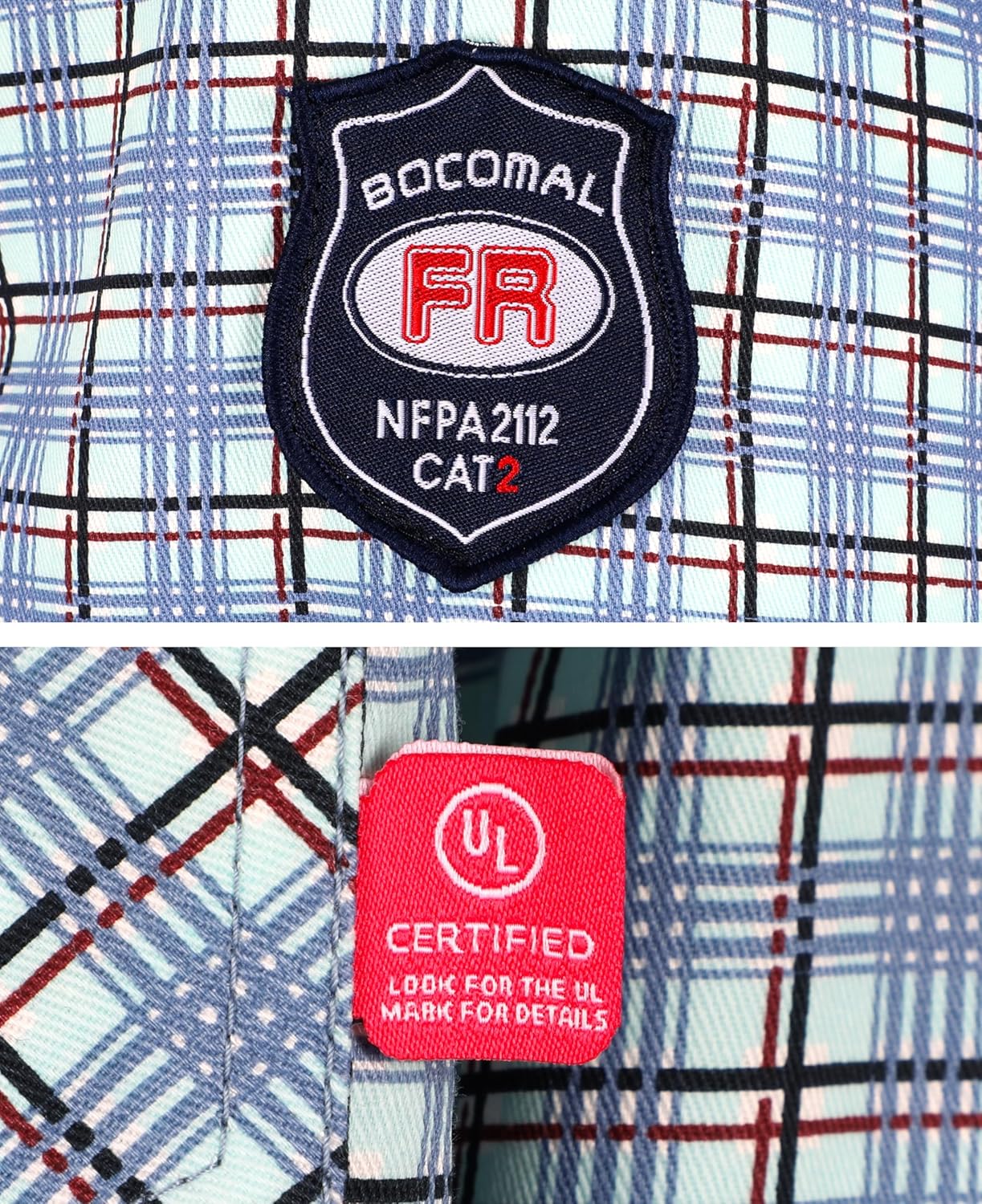 BOCOMAL FR Shirts Flame Resistant NFPA2112/CAT2 6.5oz Light Weight Printed Fire Retardant Plaid Shirt
