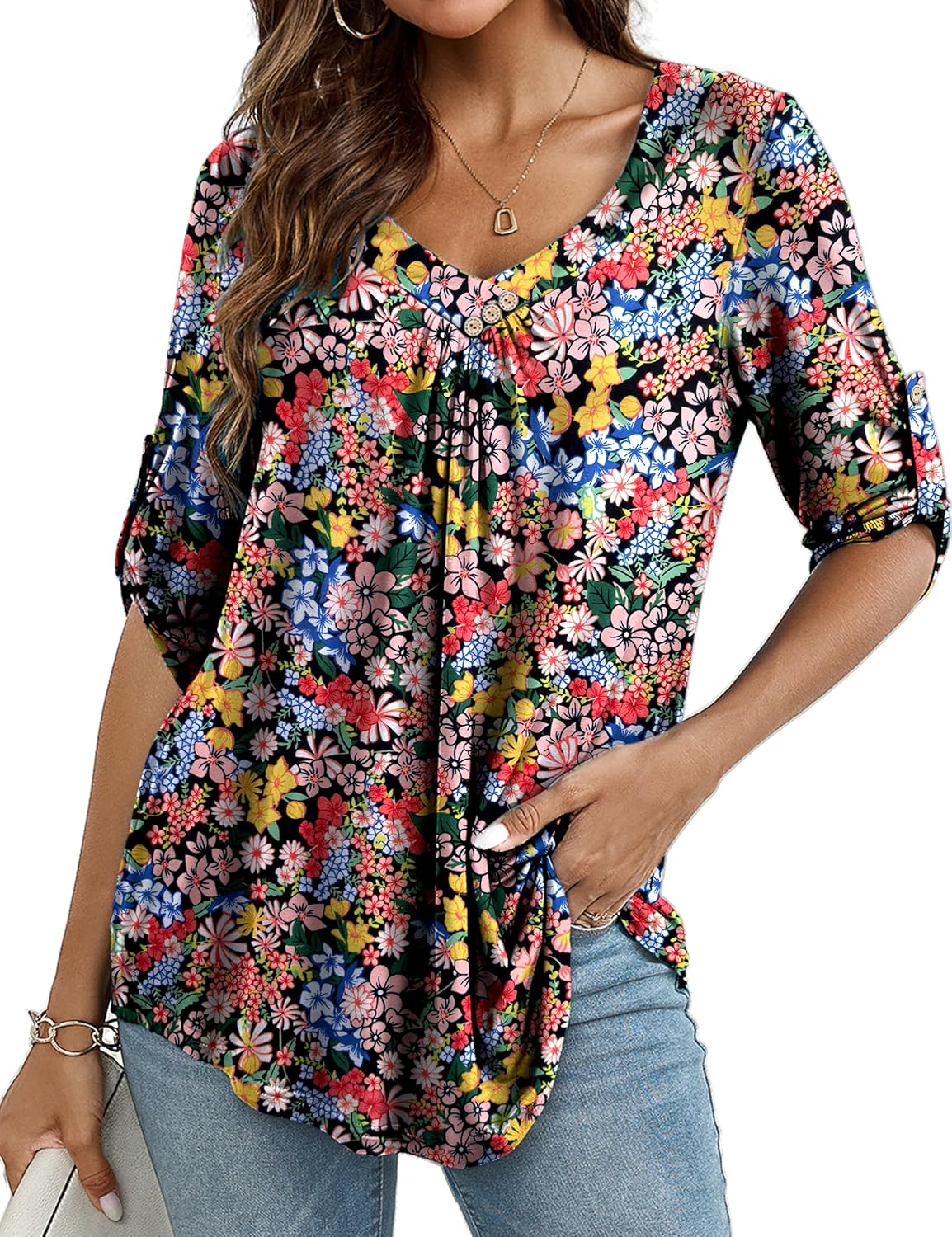 Women's Plus Size 3/4 Roll Sleeve Tops V Neck Casual Soft Blouse M-4X - Image 3
