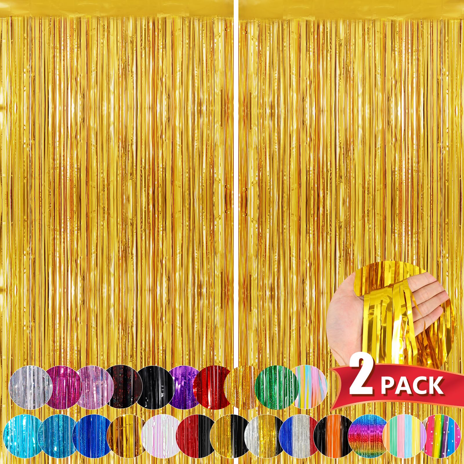 Gold Metallic Tinsel Foil Fringe Curtains, 2 Pack 3.3x8.3 Feet Party Streamer Curtains for Birthday Party Decorations, Halloween Decor, Foil Curtain