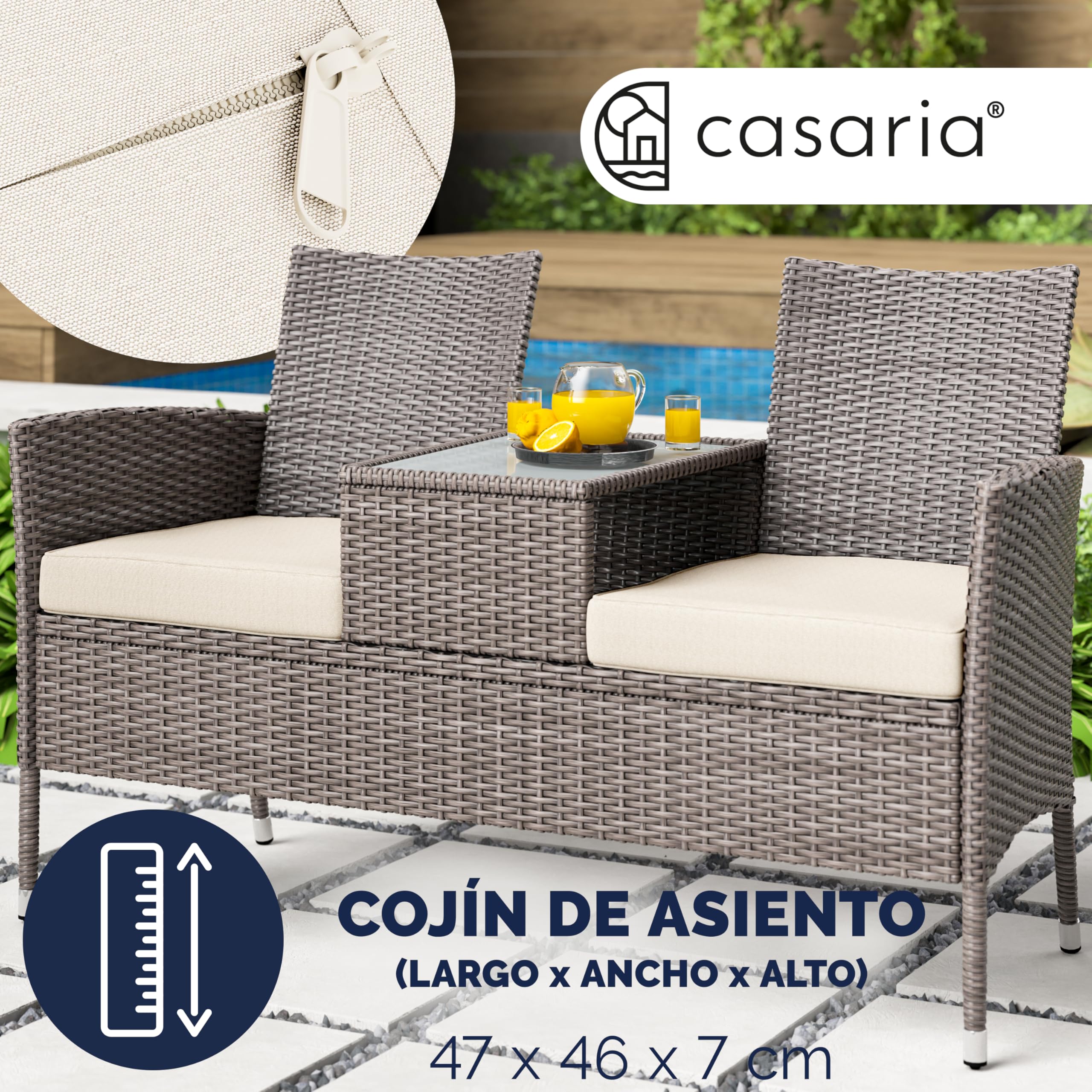 CASARIA® Banco Terraza Exterior 2 Asientos Poliratán hasta 320Kg Mesa Cristal con Cojines Estante Resistente Intemperie 145x58cm Crema