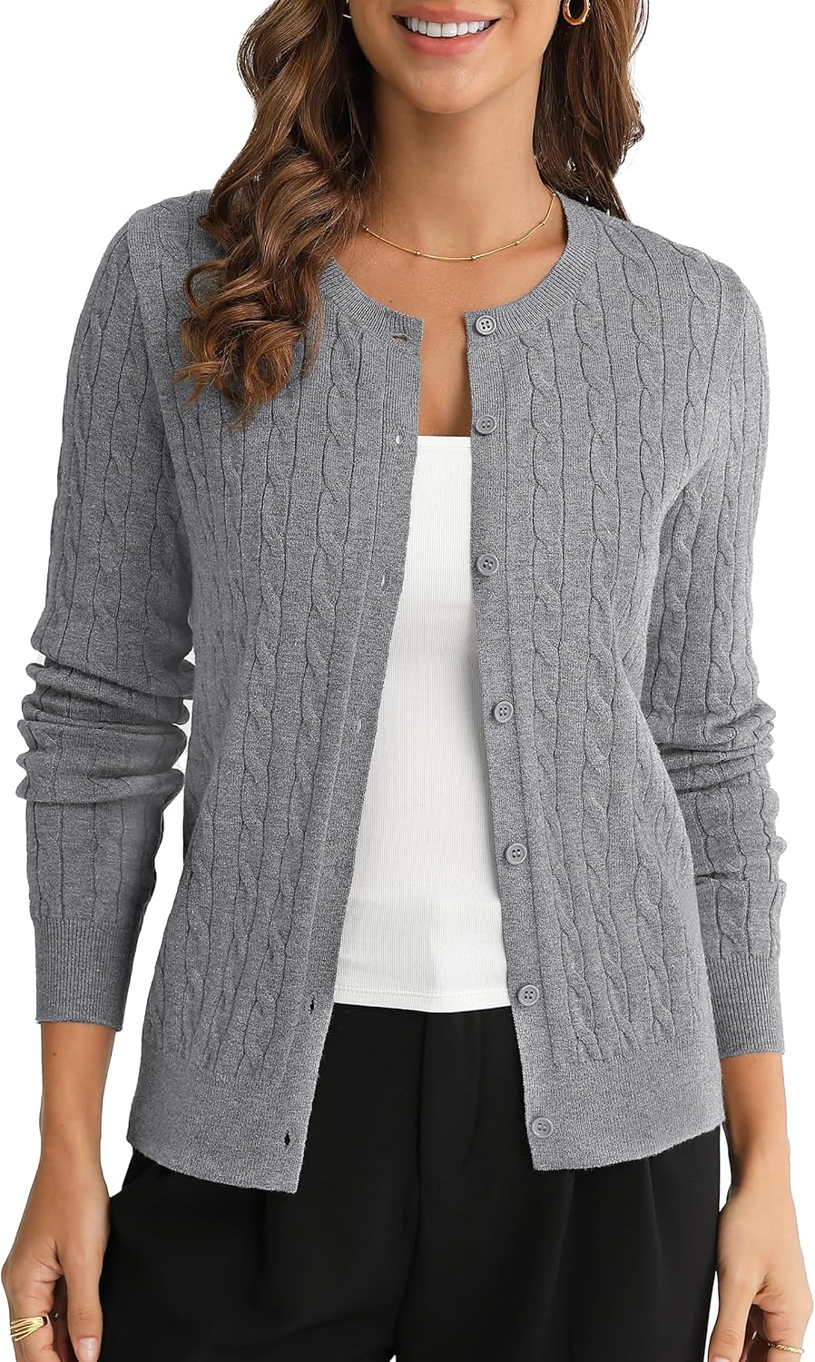 QUALFORT Womens Cable Knit Cardigan Sweaters Long Sleeve Lightweight Crewneck Button Up Sweater 2026