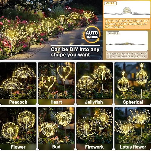 Miniatura 3 de Anordsem Luces solares decorativas para exteriores alambre de cobre flexible con 120 cuentas LED de fuegos artificiales, impermeables, 2 modos de