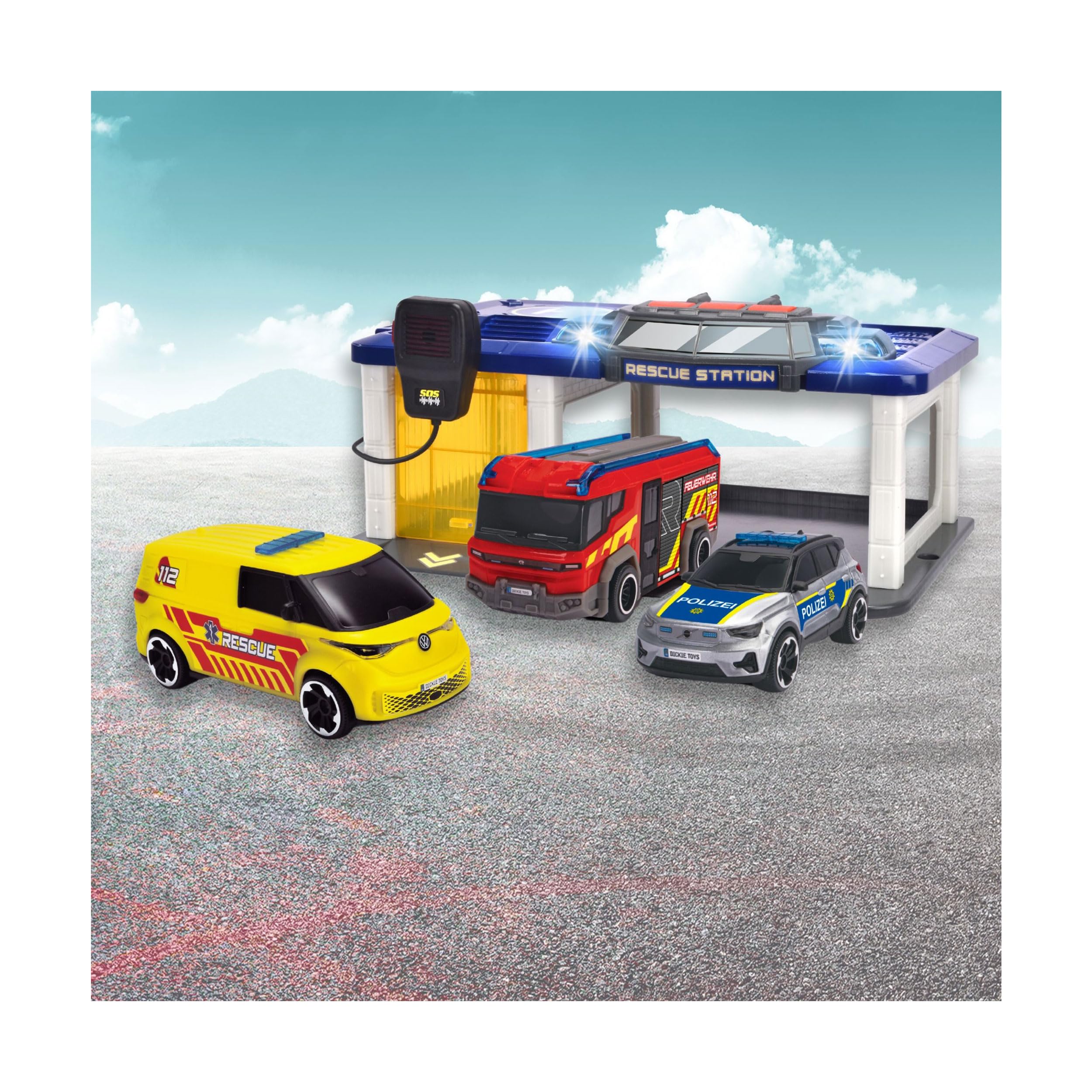 Dickie Toys - S.O.S Station para niños a Partir de 3 años (31 x 22 cm) con 3 Coches de Juguete (Coche de policía, Ambulancia, camión de Bomberos), estación de Bomberos y policía con luz y Sonido