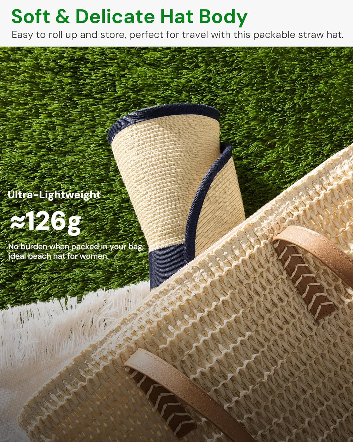 BENEUNDER Sun Visors for Women UPF50+ Foldable Wide Brim Straw Hats Packable Summer Ponytail Beach Hats for Travel - Image 6