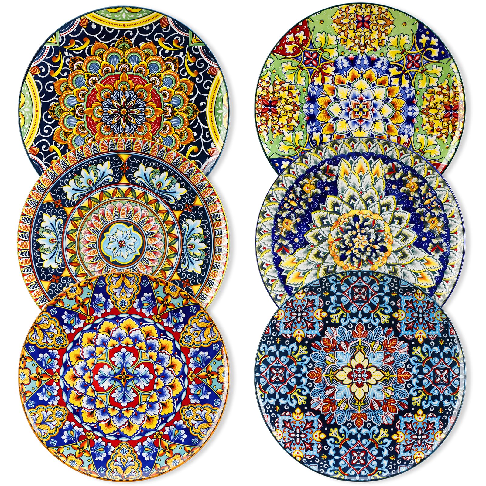 Ceramic Dinner Plates Set of 6, 10.5 Inch, Microwave Safe | Salad Plates Set, Colorful Bohemian Style Dishes for Kitchen