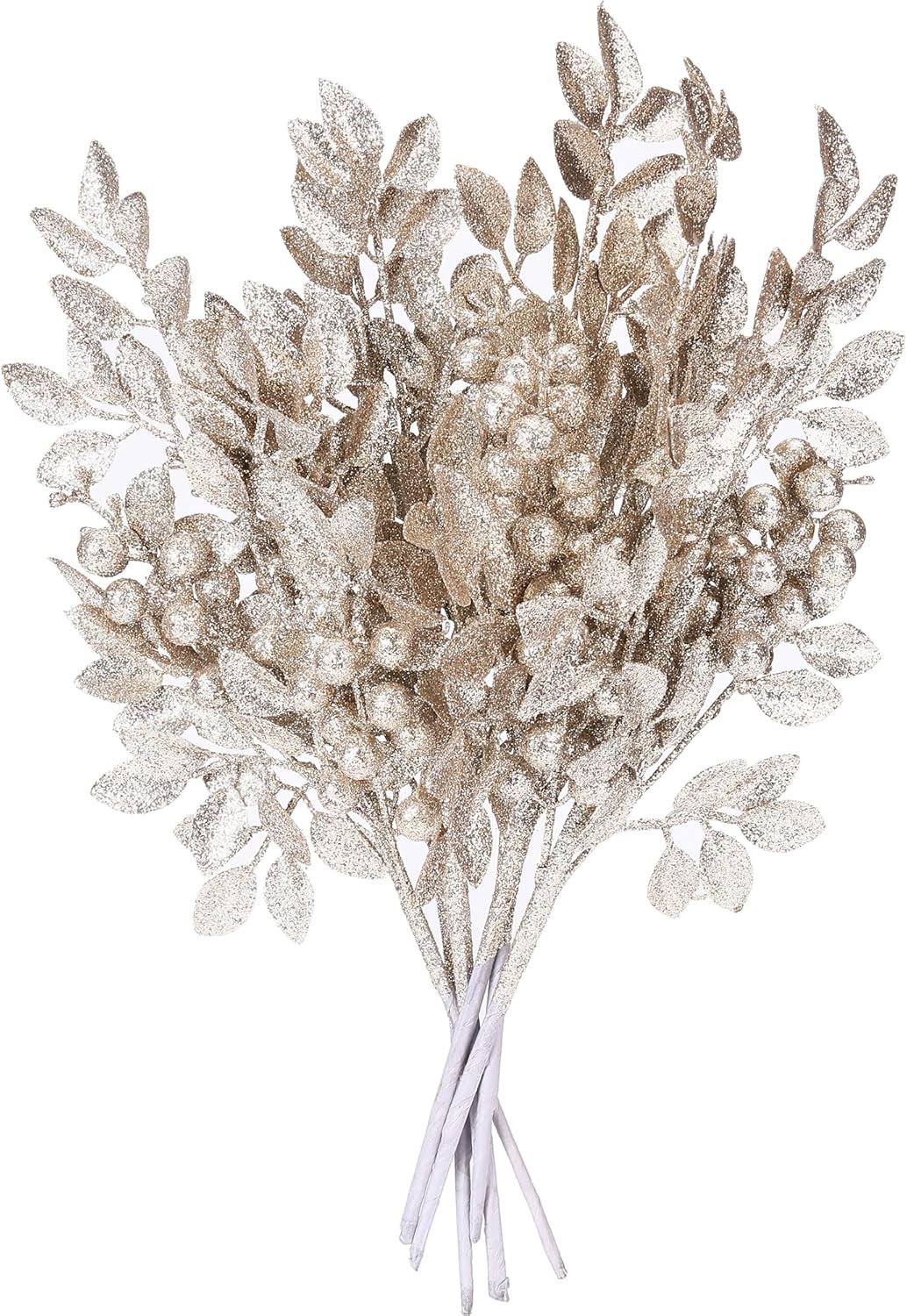 Sea Team 6-Pack Artificial Glitter Holly Berry Twigs, Bacca Stem Ornaments, Decorative Bead Sticks, Picks, Branches for Christmas Tree, Wreath, Vase Fillers, Champagne 16"/40.6cm/6-Pack Champagne