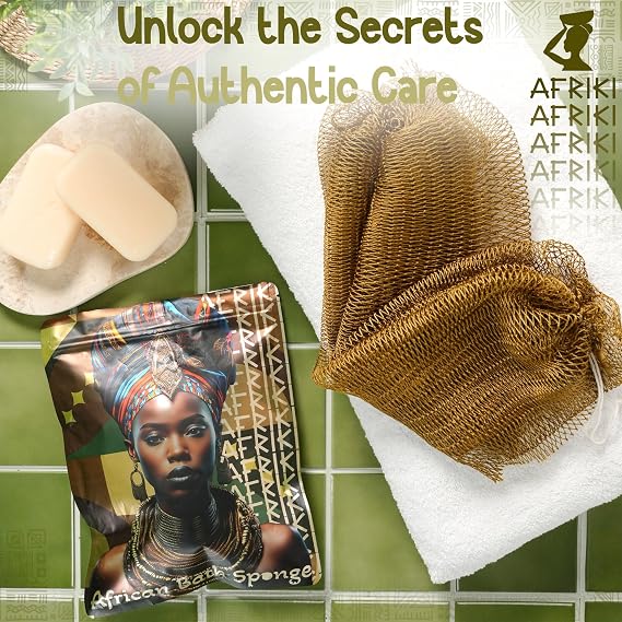 African Net Sponge, Premium Authentic Exfoliating Body Scrubber, Extra Long Stretch Bath Sponge for Shower, Deep Exfoliating Washcloth for Smooth Skin, 1 Pack (Army Green)