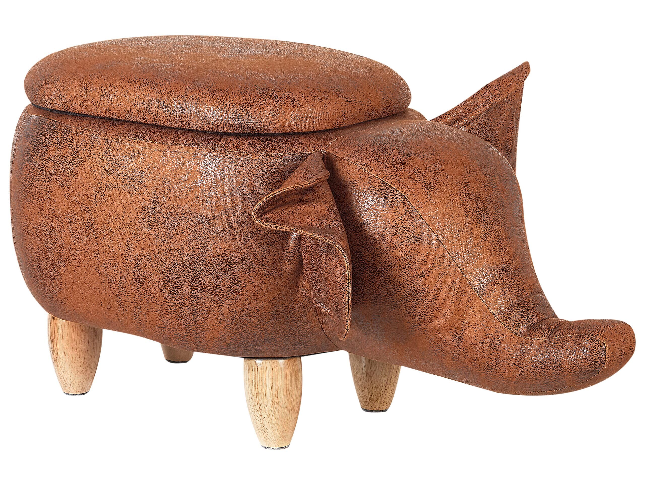 Modern Faux Leather Stool Distressed Upholstery Storage Solid Wood Brown Elephant