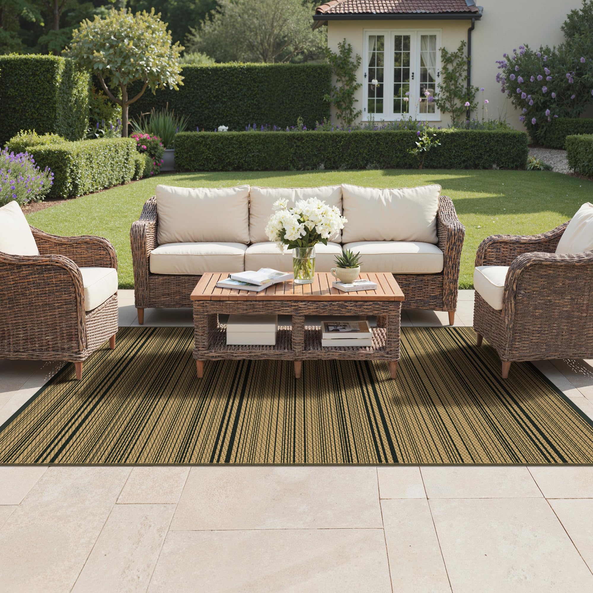 GENIMO Tappeto per Esterni 6x9 FT (183x274 cm), Impermeabile Reversibile con Strisce Nero e Marrone per Giardino, Terrazza Grande, Patio – Design Moderno, Grande Formato